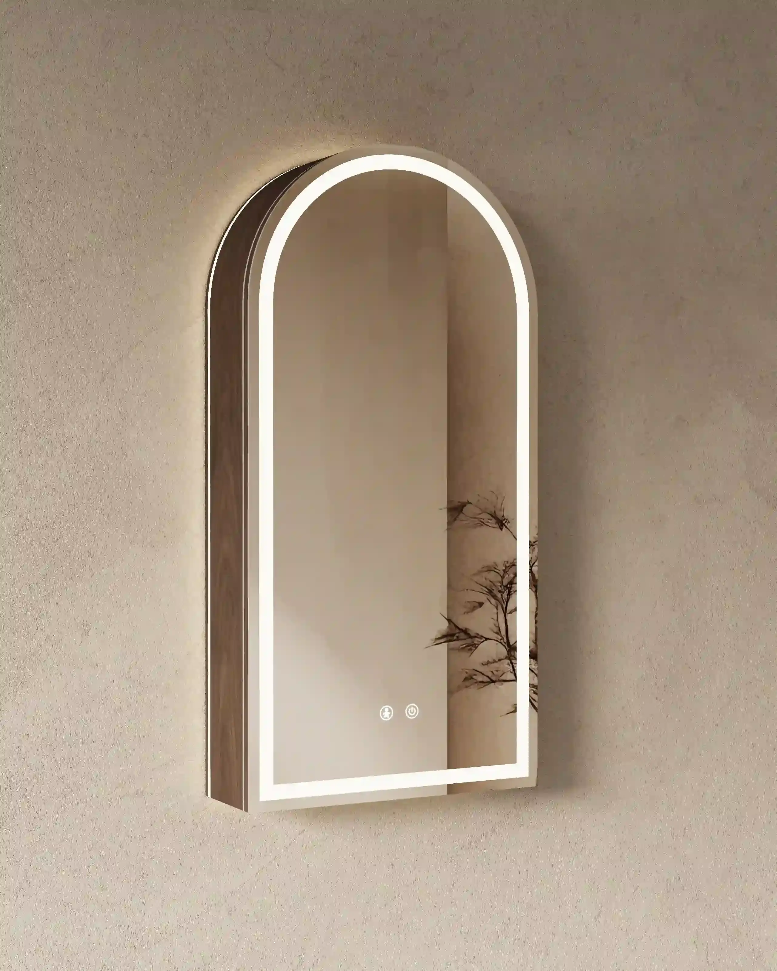 Armoire de toilette en forme d'arche demi-lune Luna en noyer de 45x90 cm avec double éclairage LED allumé automatiquement par capteur de mouvement.
