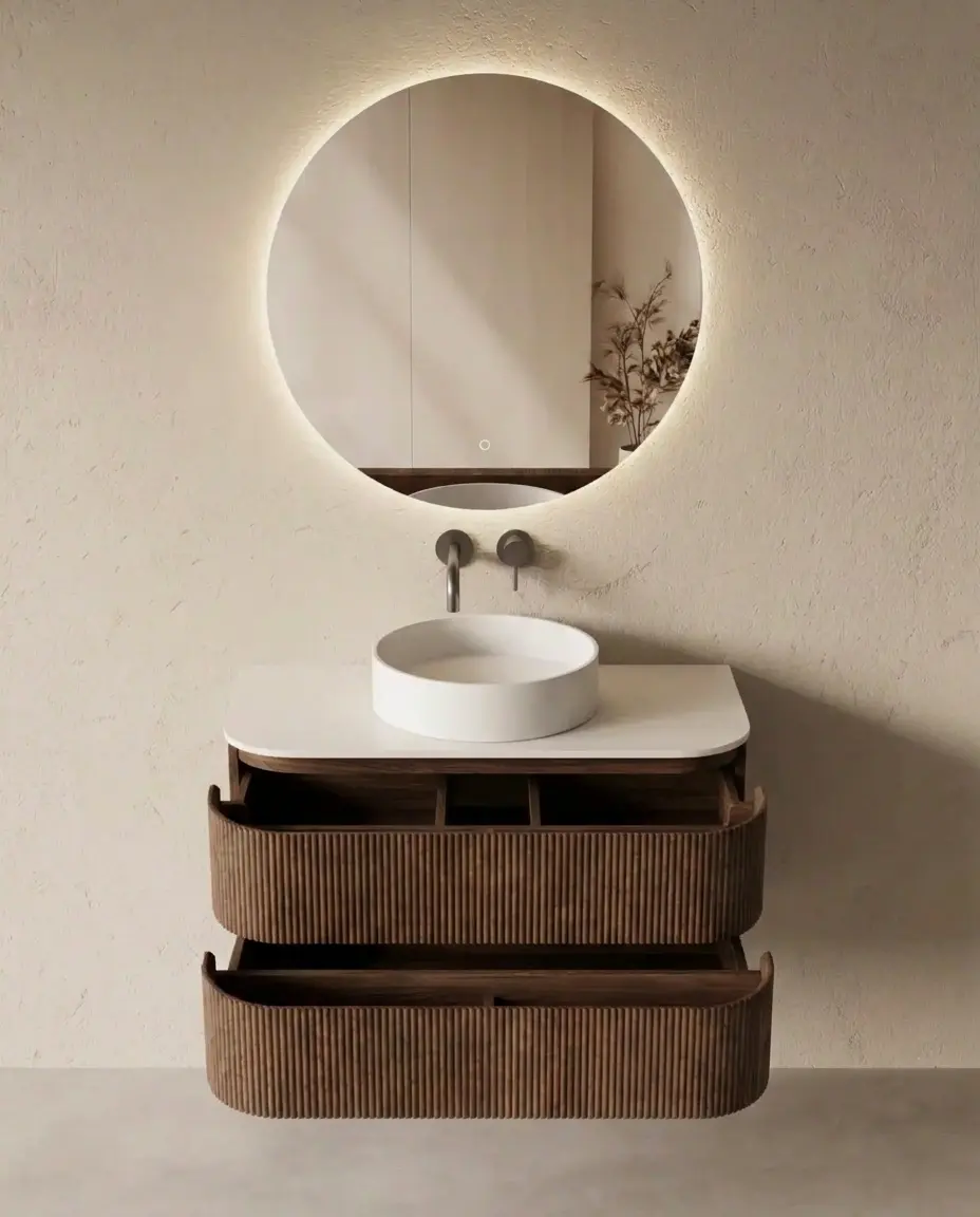  Meuble vasque arrondi suspendu en noyer 90 cm – Axel