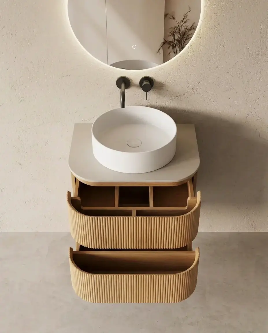 Meuble salle de bain arrondi suspendu chêne 60 cm – Axel