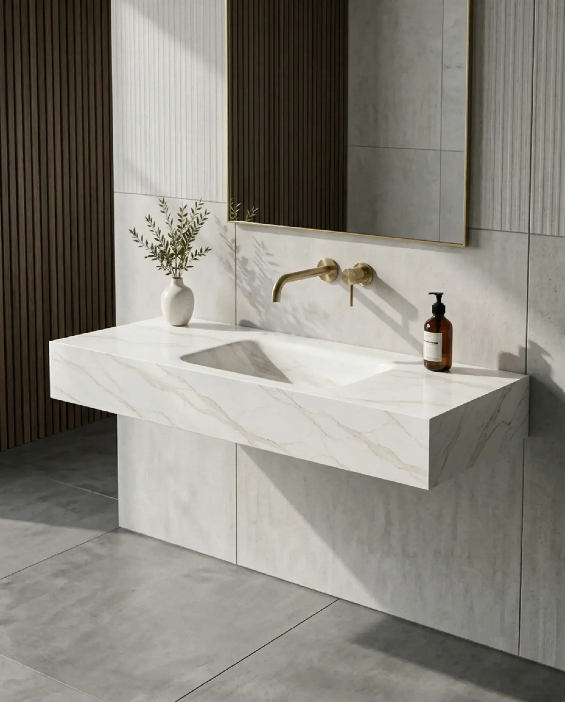 Plan vasque suspendu 120cm en céramique effet marbre blanc veiné Eden avec son meuble sous-vasque suspendu en chêne clair Irene et robinetterie noire minimaliste.