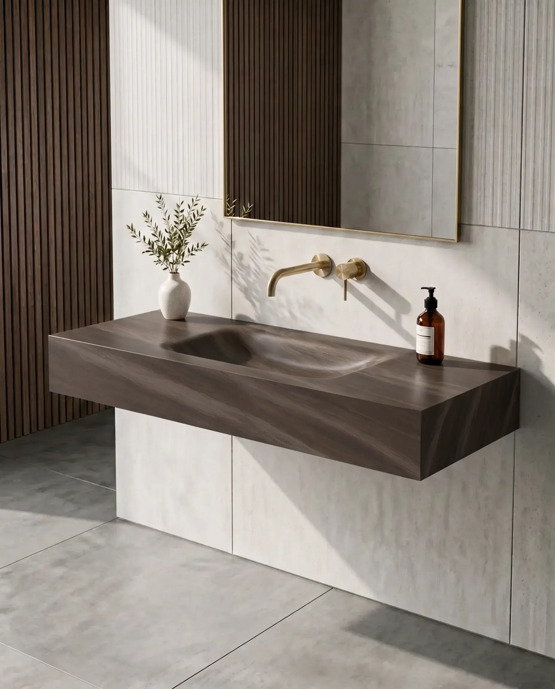Plan simple vasque suspendu en céramique effet marbre brun mat Eden avec son meuble sous-vasque suspendu en bois Irene 120cm.