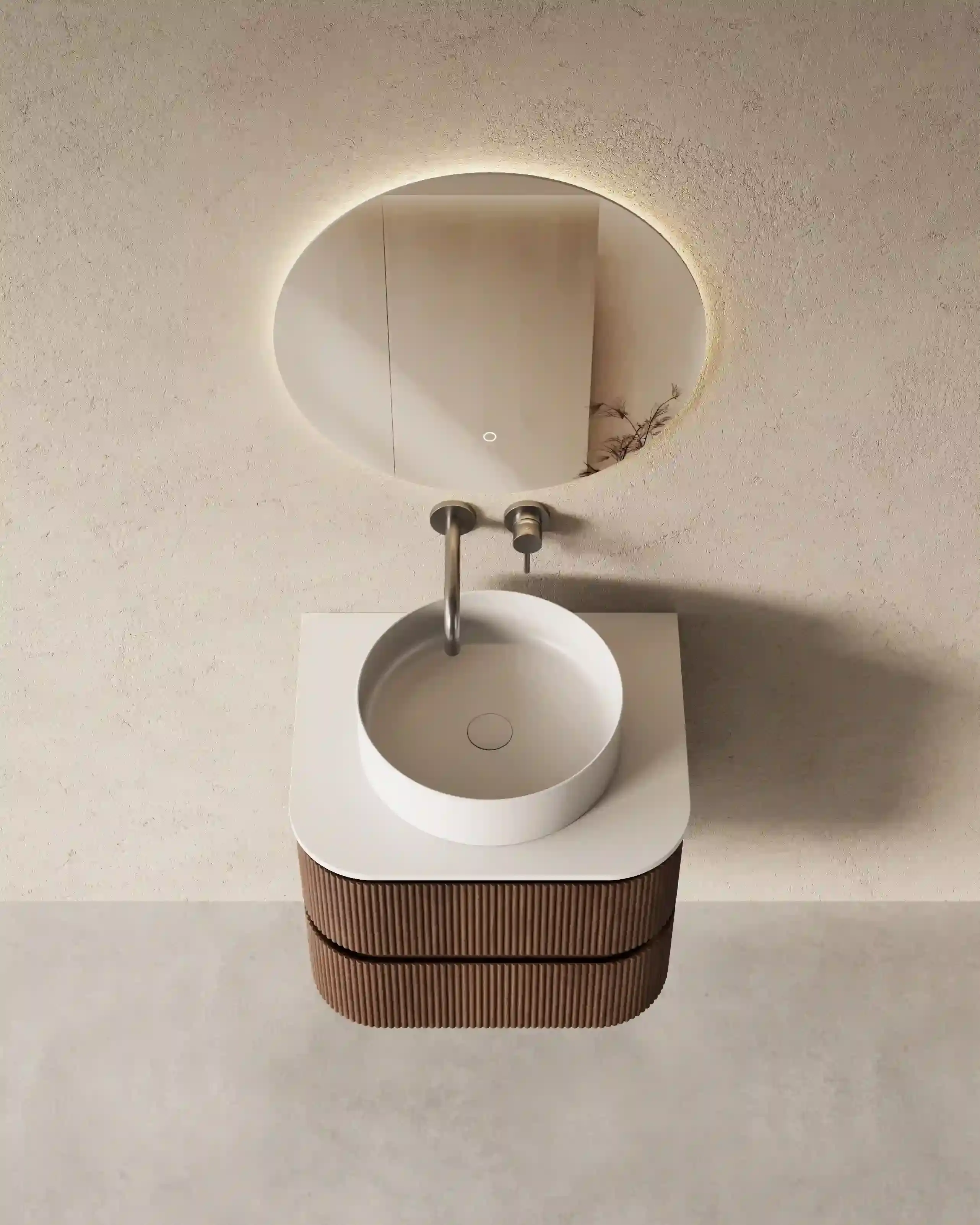 Meuble salle de bain arrondi suspendu noyer 60 cm – Axel