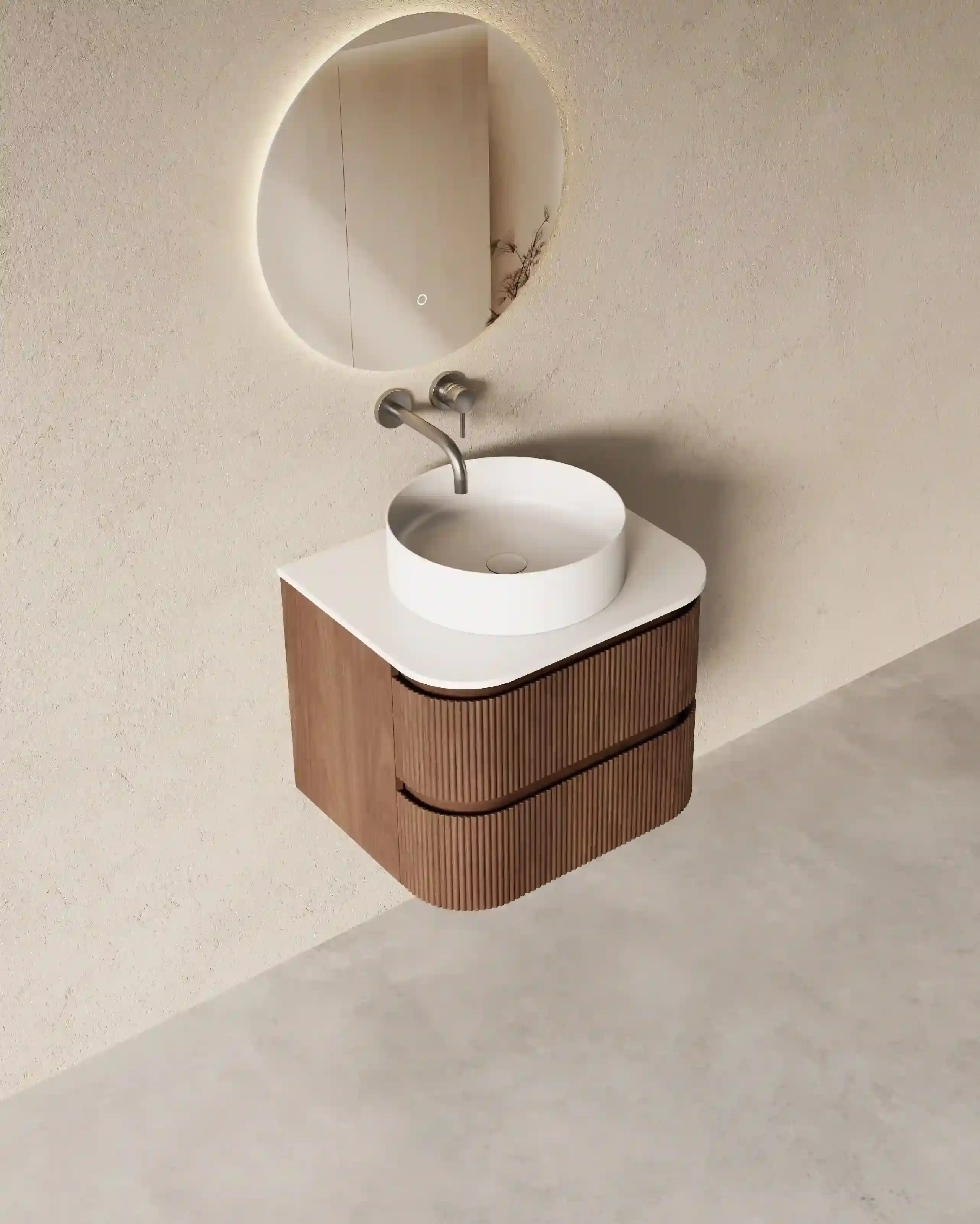 Meuble salle de bain arrondi suspendu noyer 60 cm – Axel