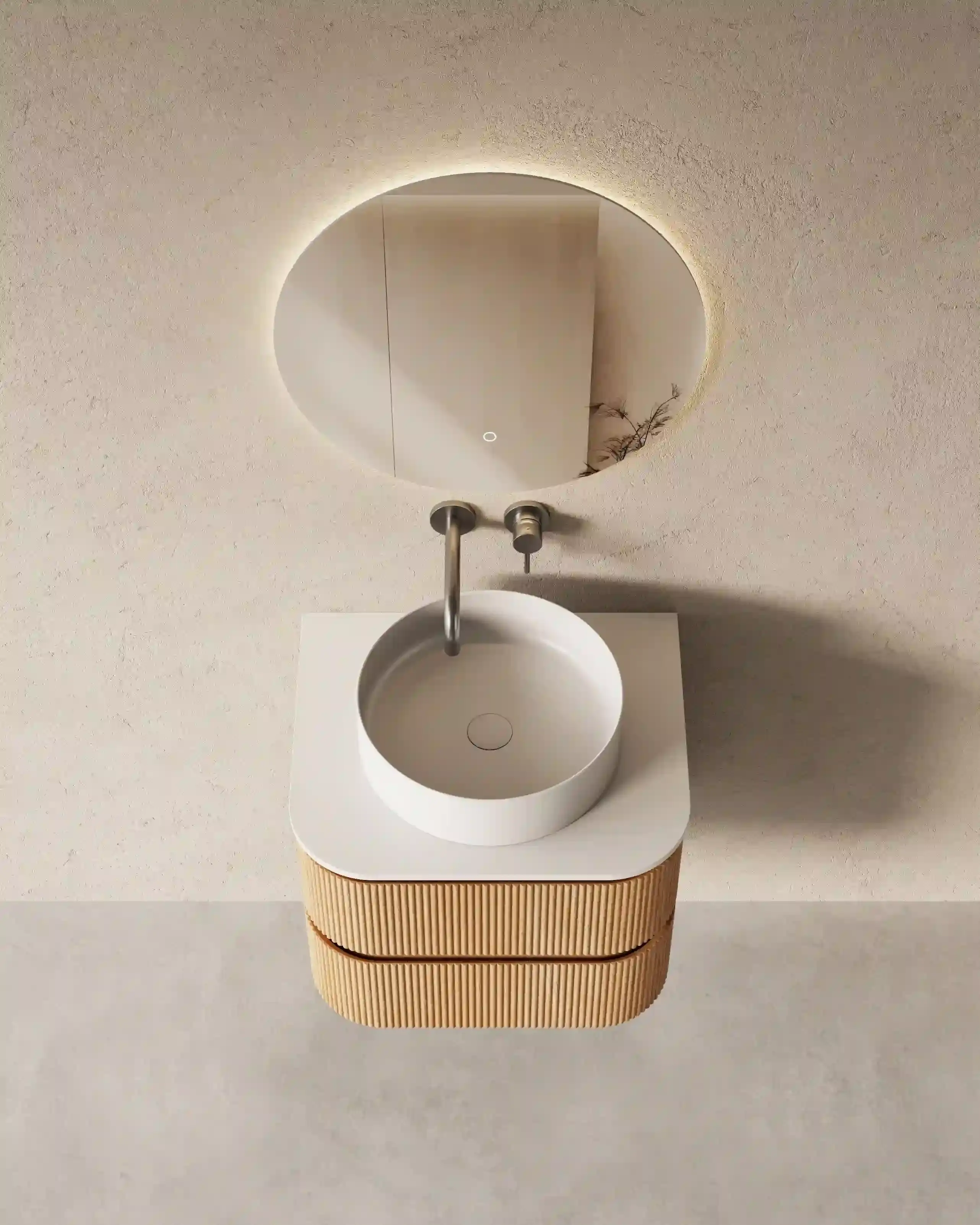 Meuble salle de bain arrondi suspendu chêne 60 cm – Axel