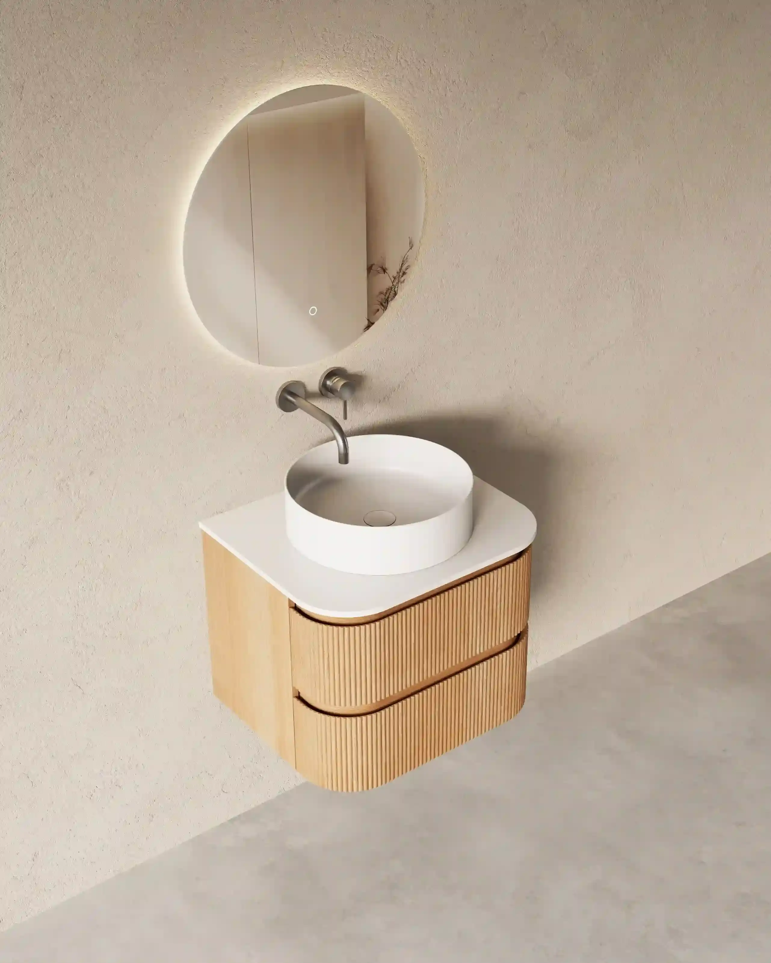 Meuble salle de bain arrondi suspendu chêne 60 cm – Axel