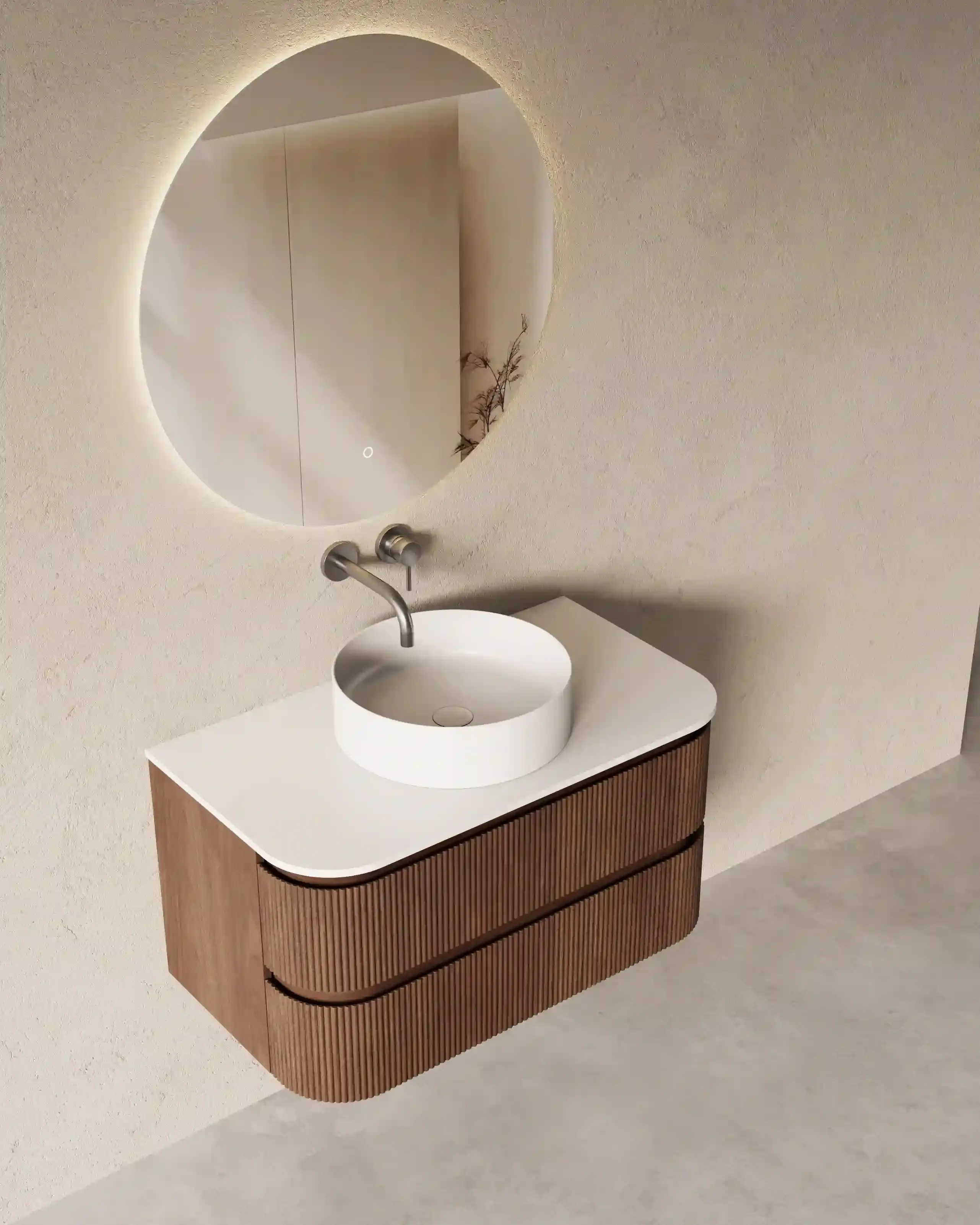  Meuble vasque arrondi suspendu en noyer 90 cm – Axel