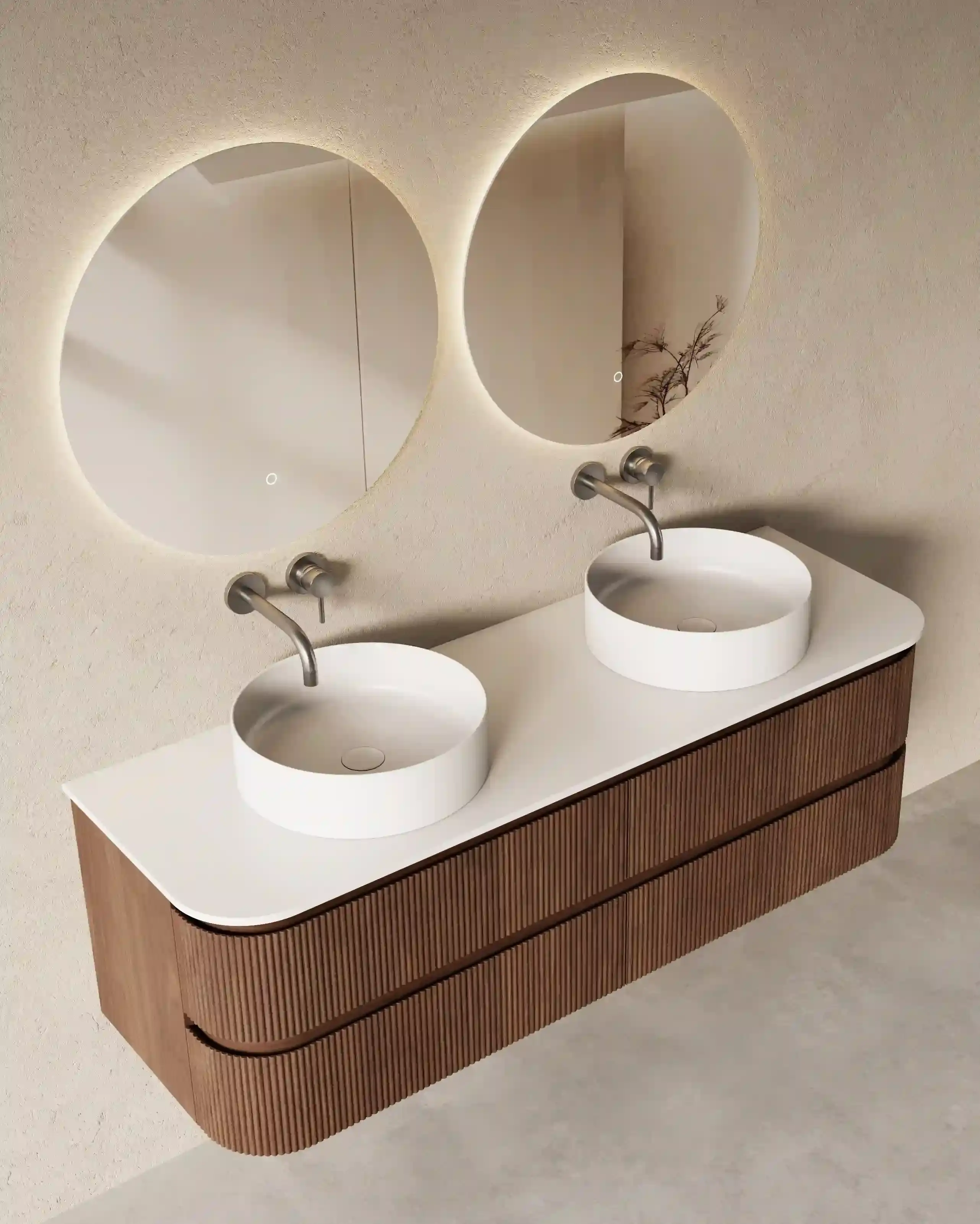 Meuble double vasque suspendu XXL noyer arrondi 150 cm – Axel