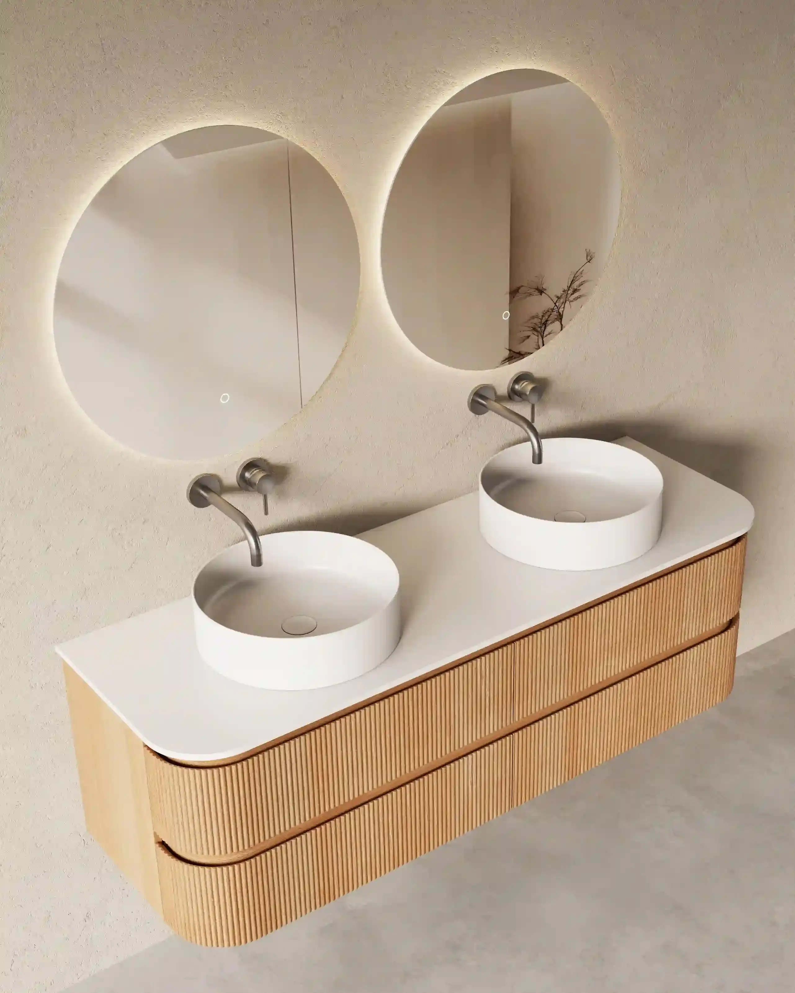 Meuble double vasque suspendu XXL chêne arrondi 150 cm – Axel