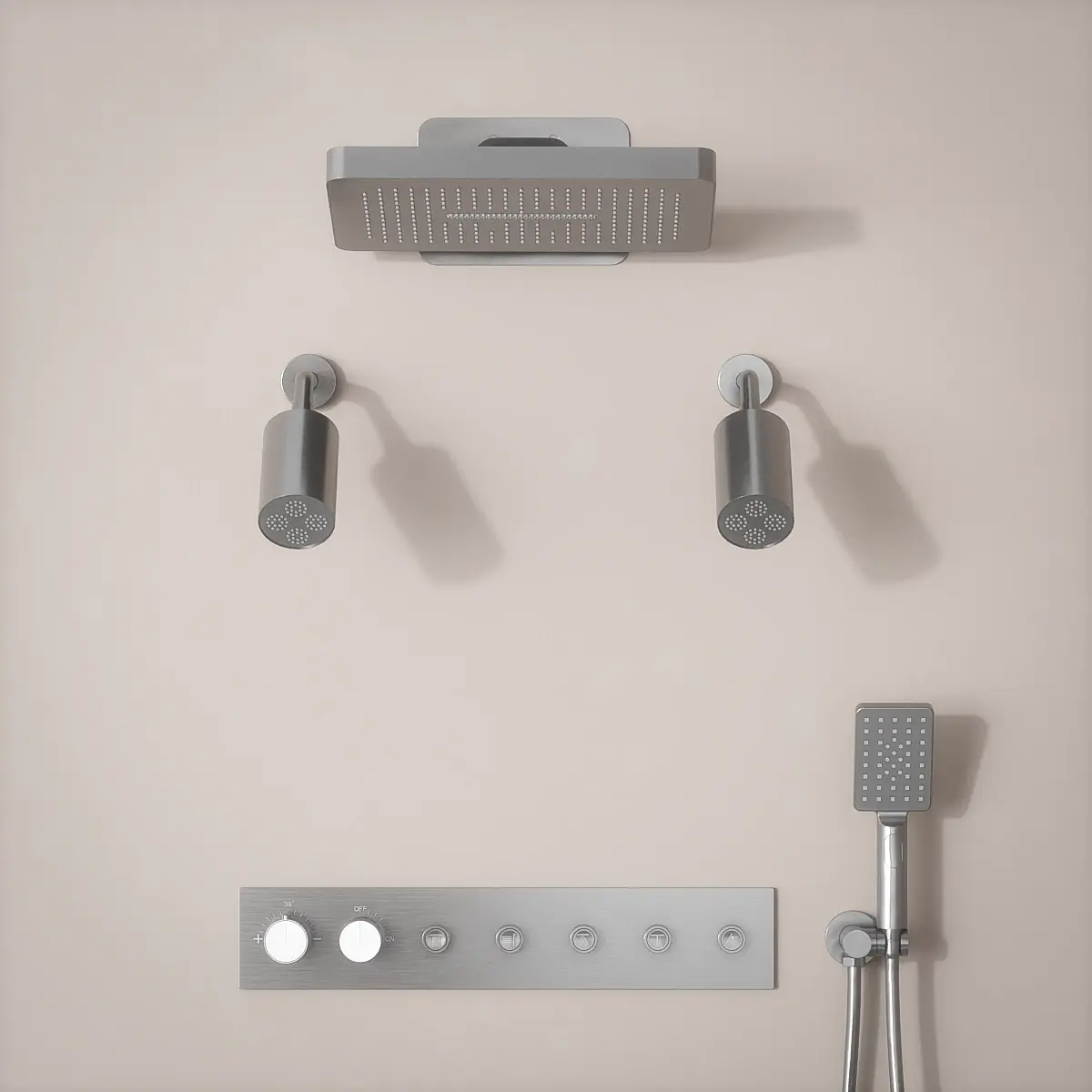 Douche thermostatique, ciel de douche carré et douches épaules, inox brossé Châtelet