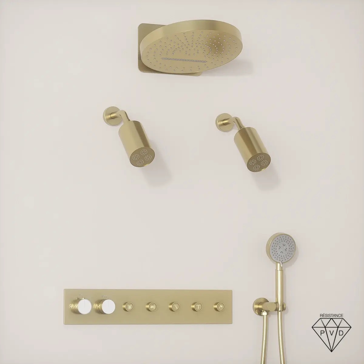 Douche thermostatique, ciel de douche ronde et douches épaules, doré brossé Châtelet