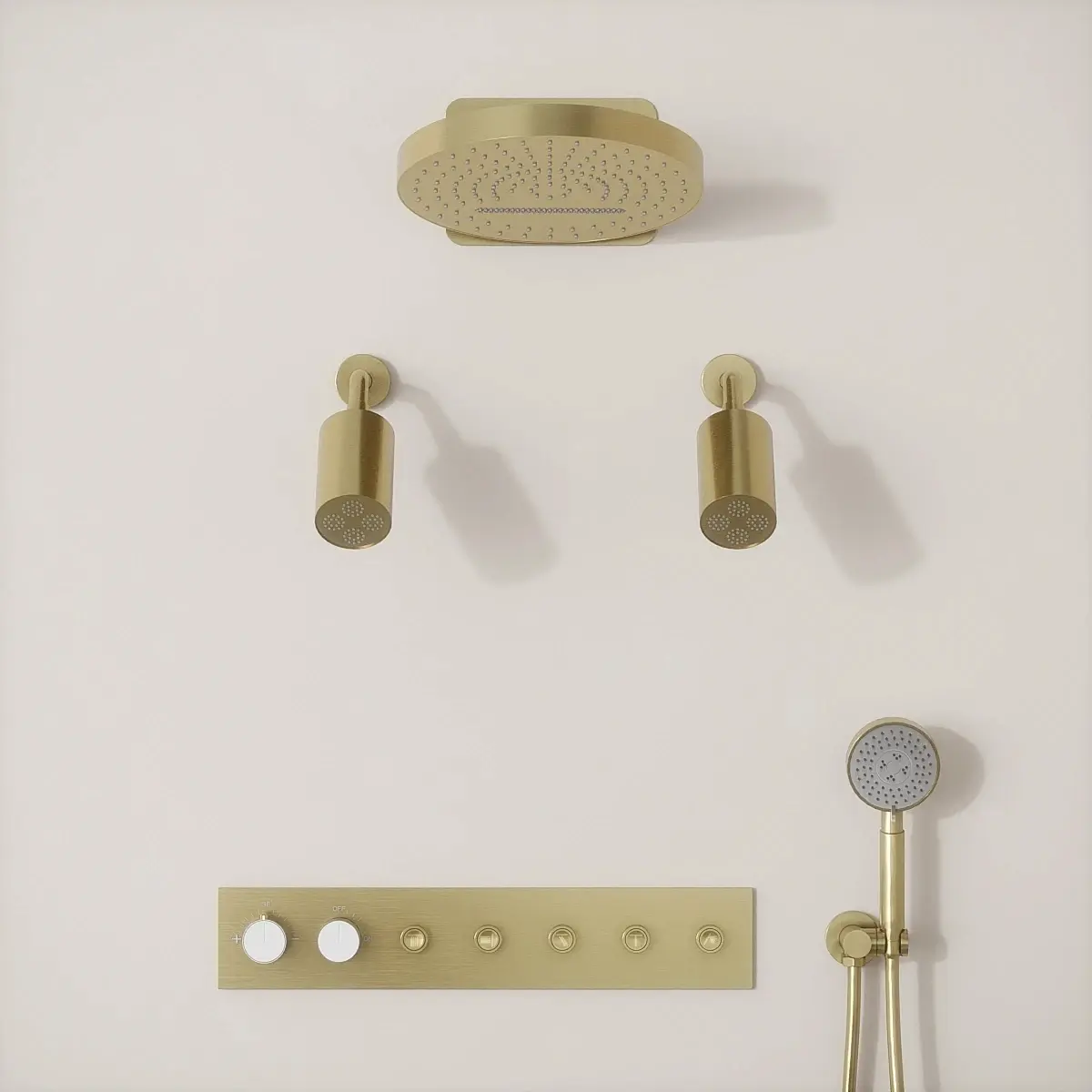 Douche thermostatique, ciel de douche ronde et douches épaules, doré brossé Châtelet