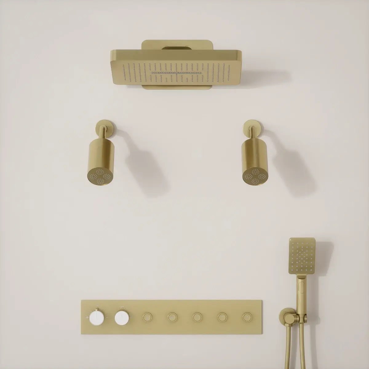 Douche thermostatique, ciel de douche carré et douches épaules, doré brossé Châtelet