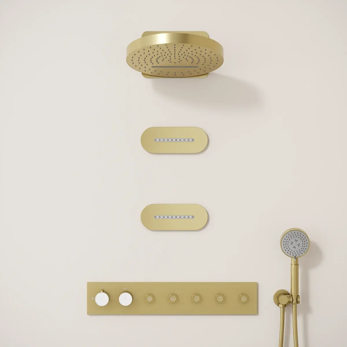 Douche thermostatique, ciel de douche ronde et buses, doré brossé Châtelet
