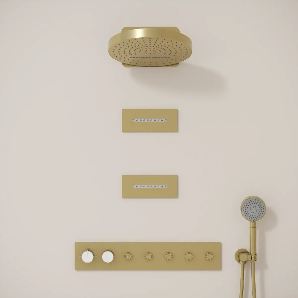 Douche thermostatique, ciel de douche cascade et pluie avec buses hydromassantes, doré brossé Châtelet