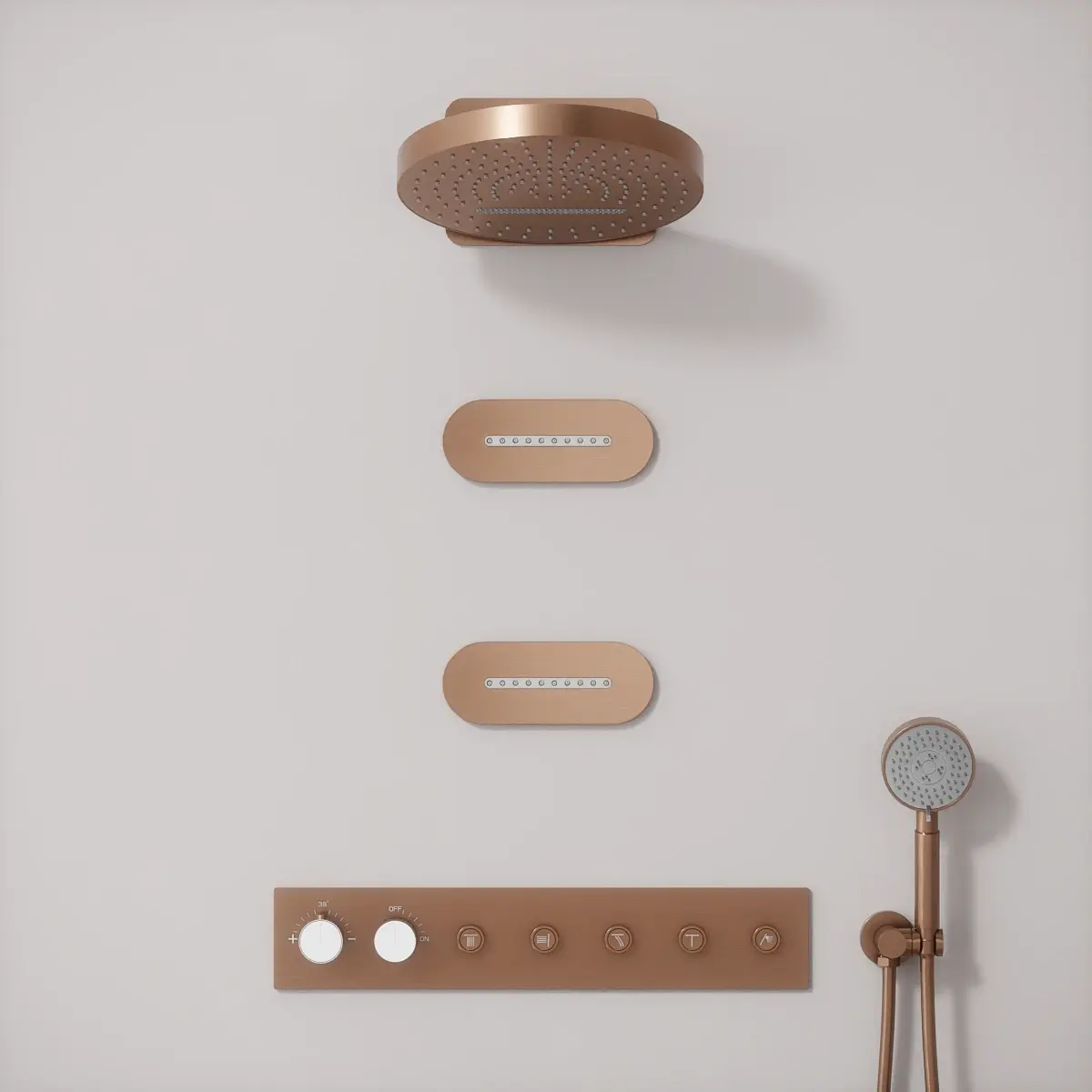 Douche thermostatique, ciel de douche ronde et buses, doré rose brossé Châtelet