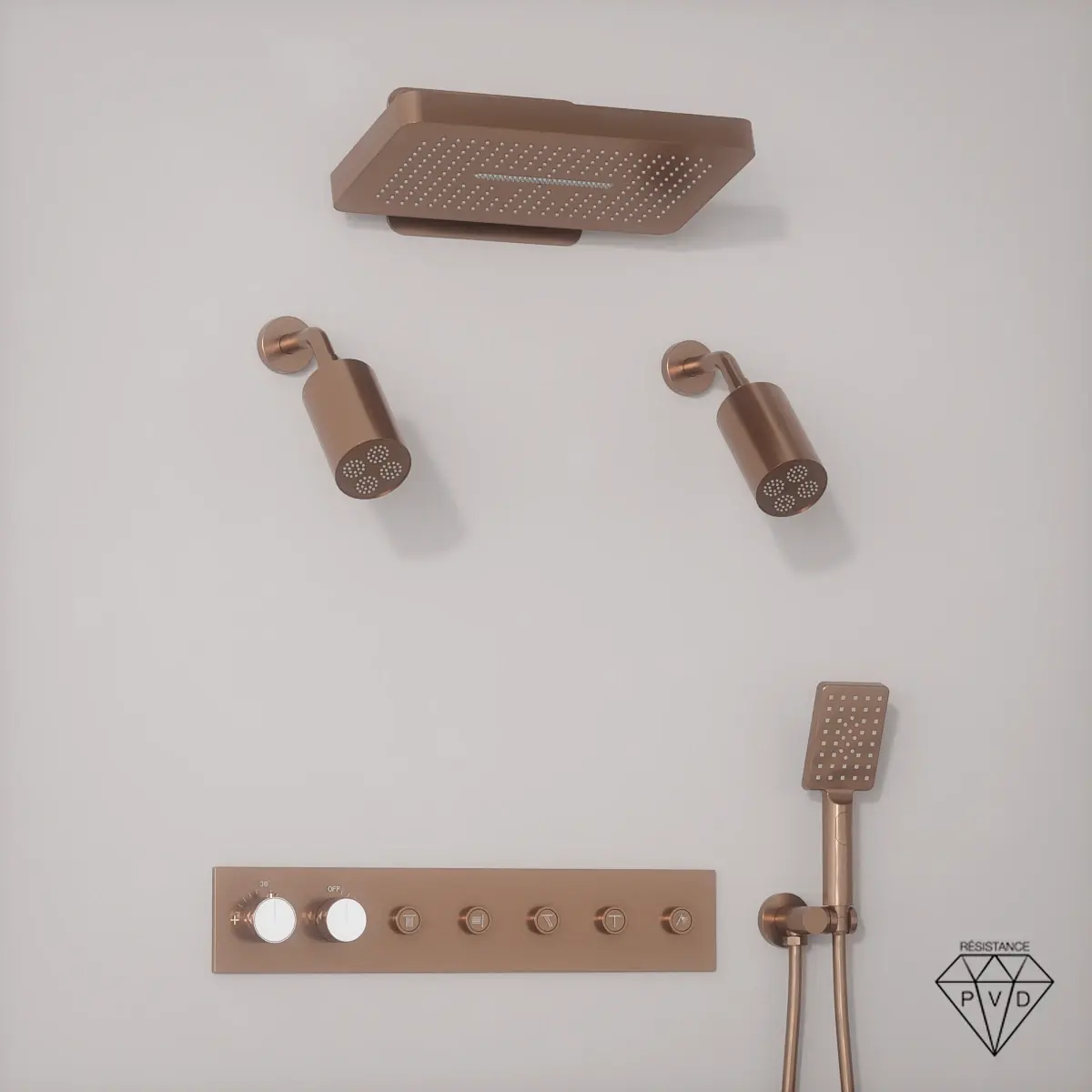 Douche thermostatique, ciel de douche carré et douches épaules, doré rose brossé Châtelet