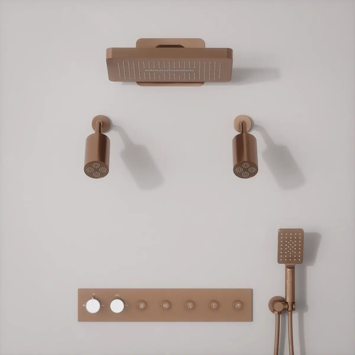 Douche thermostatique, ciel de douche carré et douches épaules, doré rose brossé Châtelet