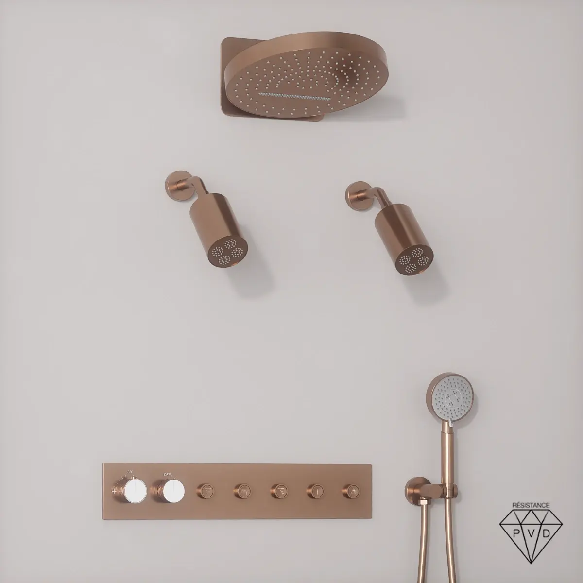 Douche thermostatique, ciel de douche ronde et douches épaules, doré rose brossé Châtelet