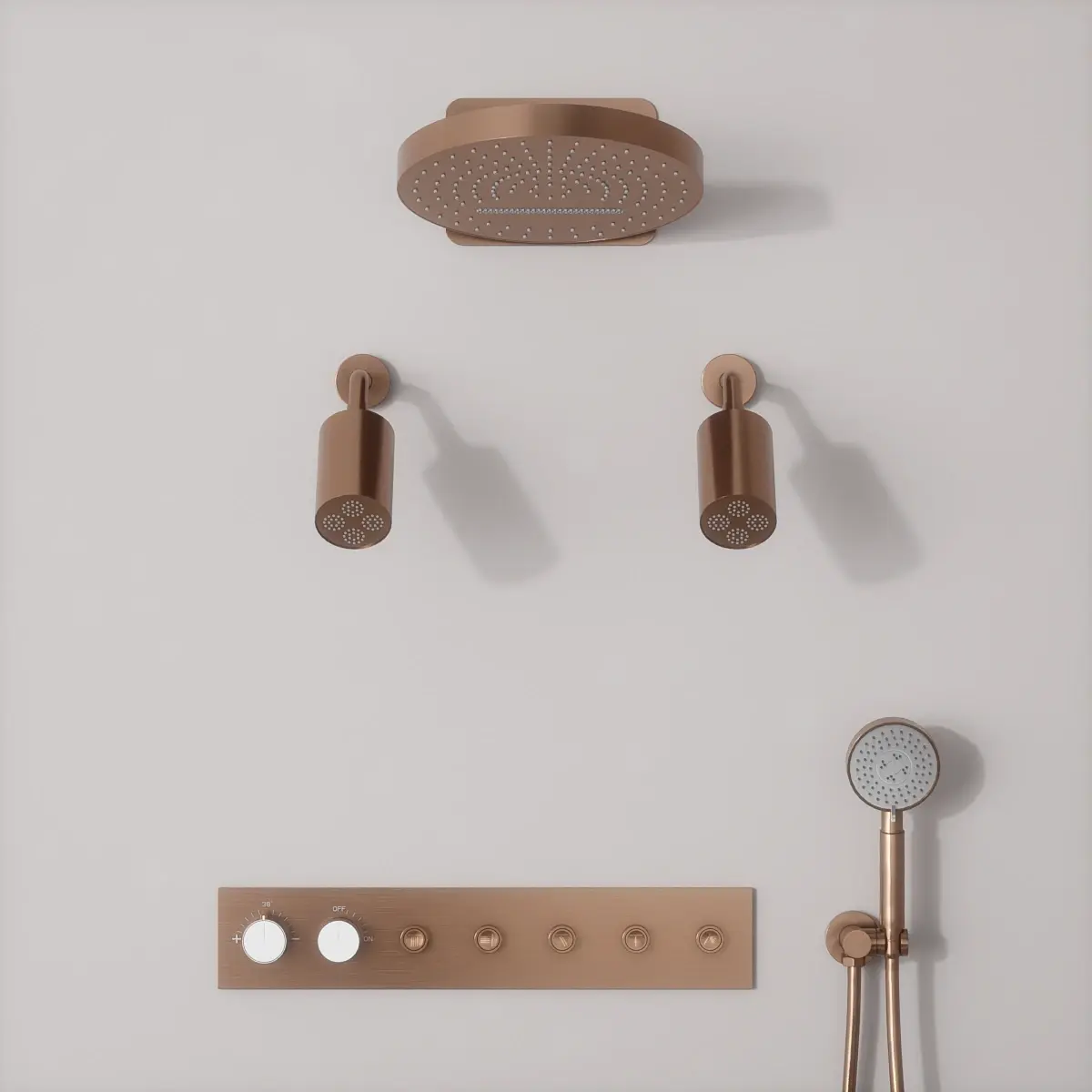 Douche thermostatique, ciel de douche ronde et douches épaules, doré rose brossé Châtelet