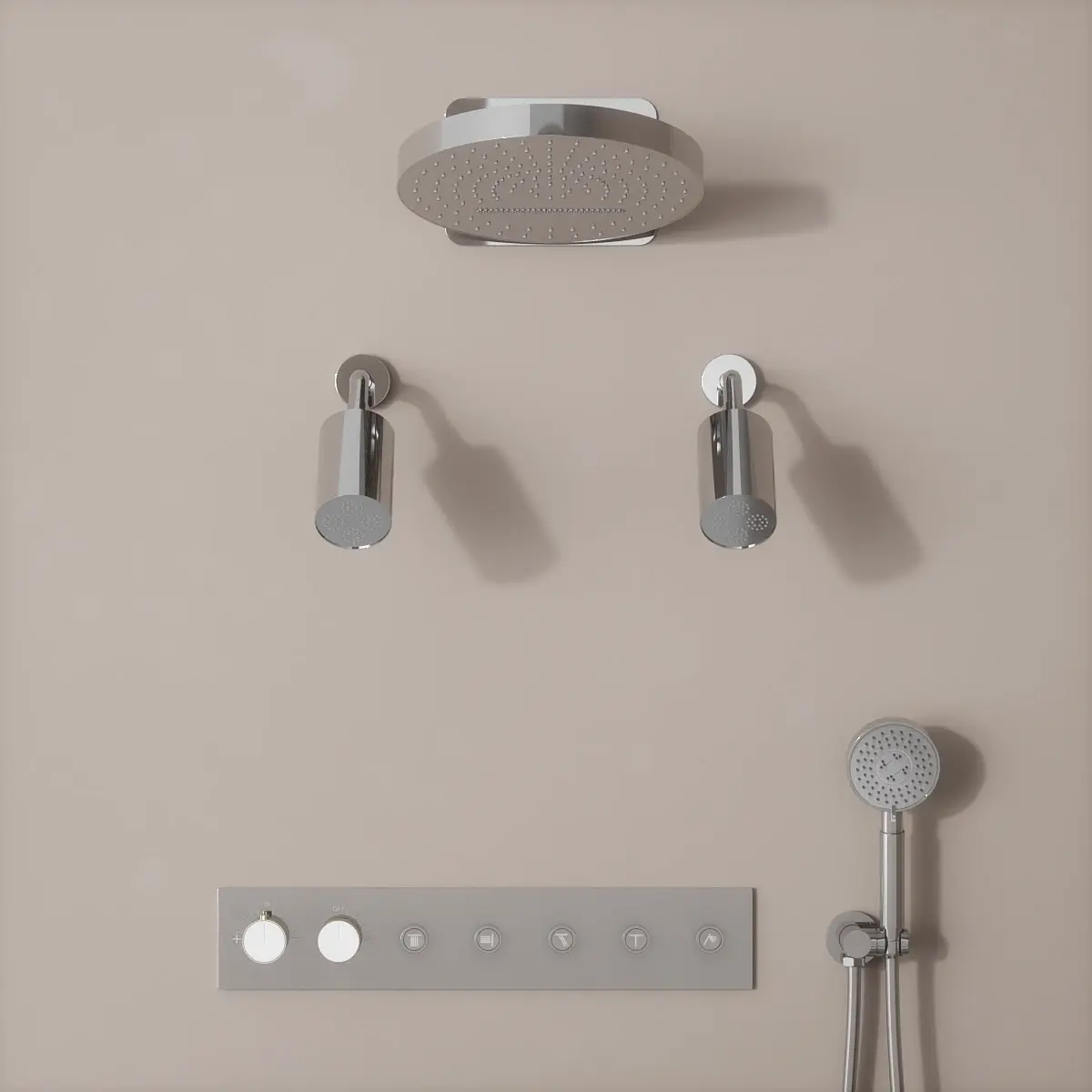 Douche thermostatique, ciel de douche rond et douches épaules, inox brossé Châtelet