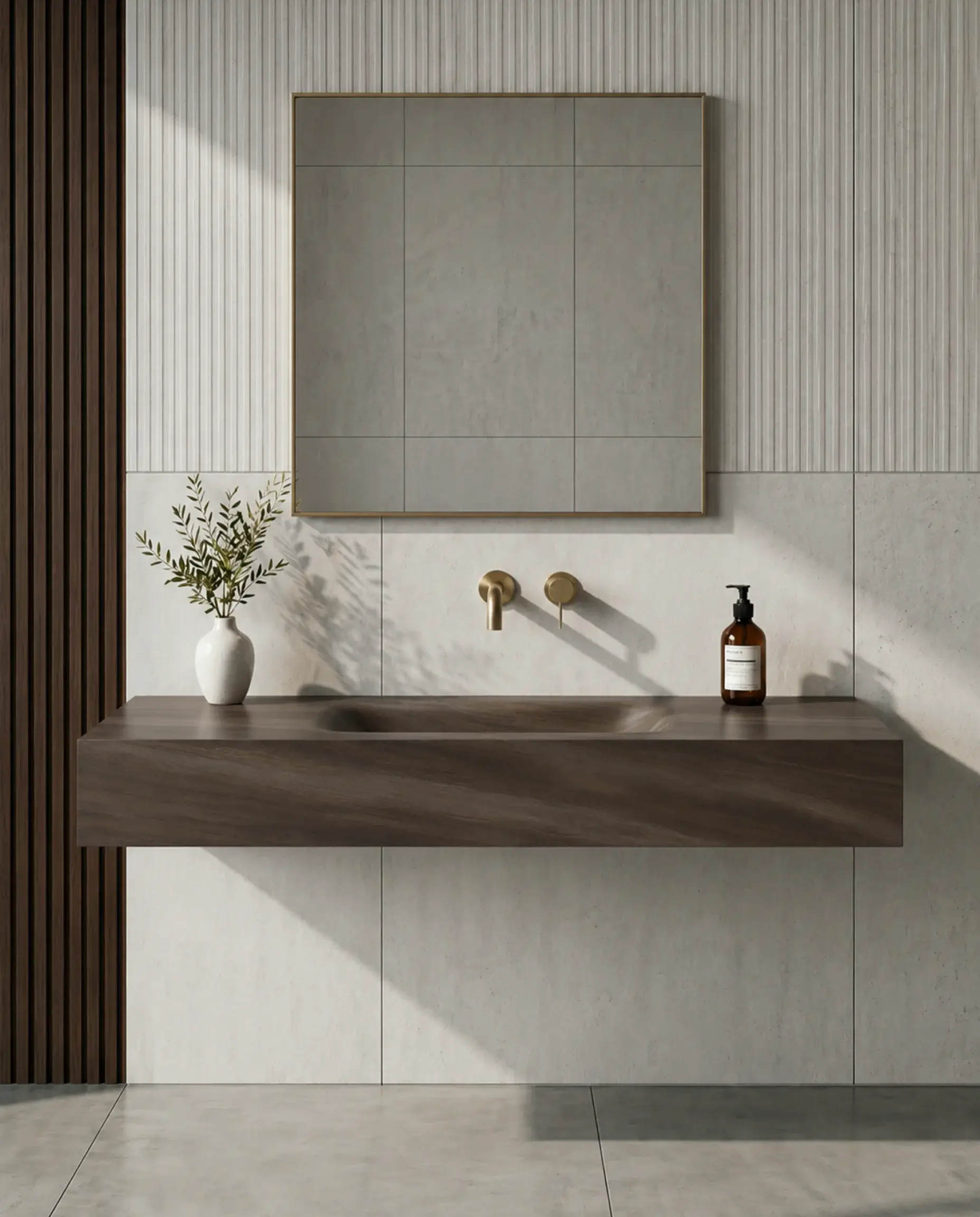 Plan simple vasque suspendu en céramique effet marbre brun mat Eden avec son meuble sous-vasque suspendu en bois Irene 120cm.