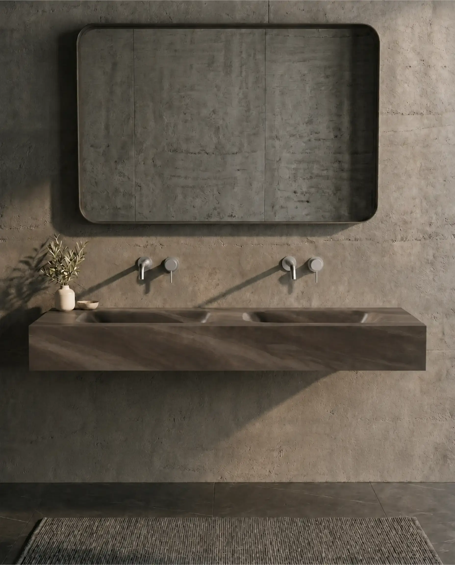 Plan double vasque suspendu en céramique effet marbre brun mat Eden avec son meuble sous-vasque suspendu en bois Irene 140cm.