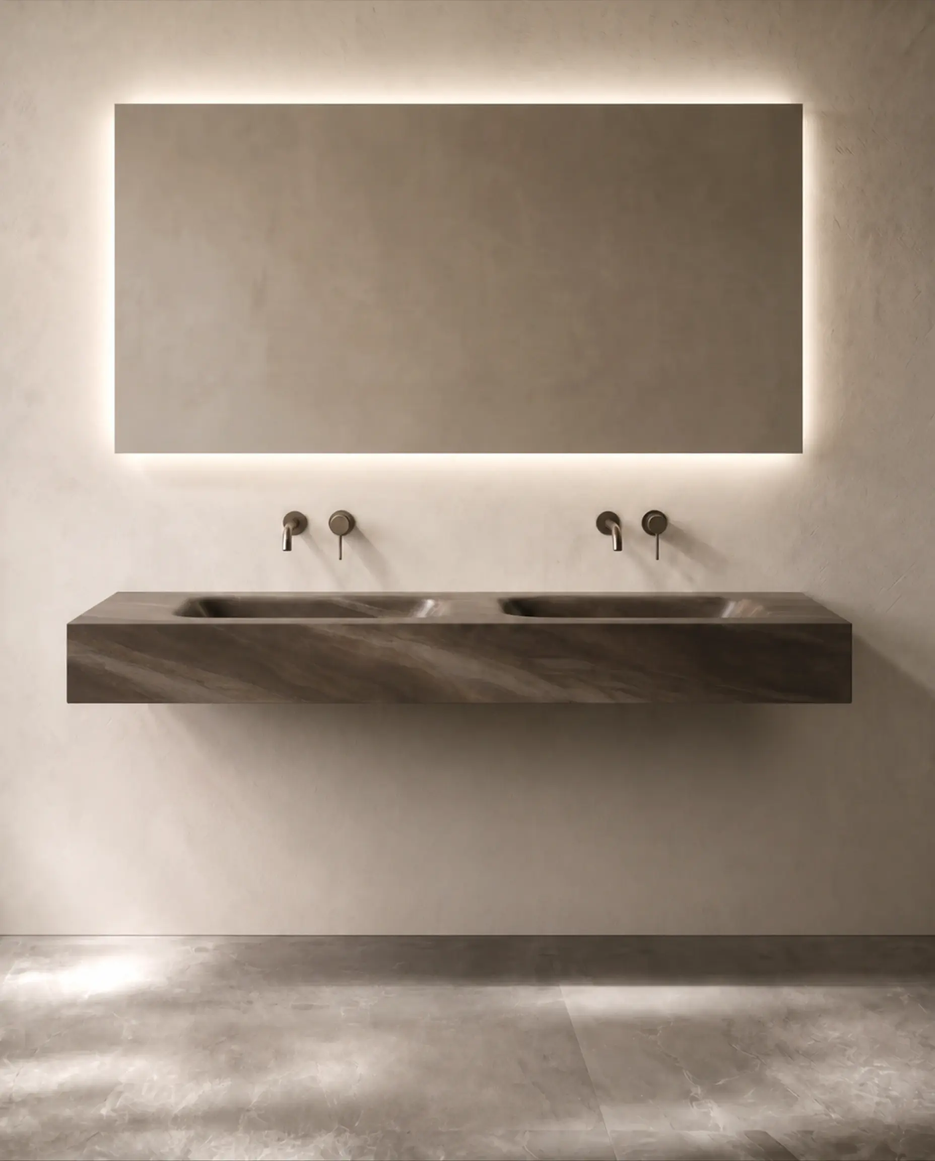 Plan double vasque suspendu en céramique effet marbre brun mat Eden avec son meuble sous-vasque suspendu en bois Irene 160cm.