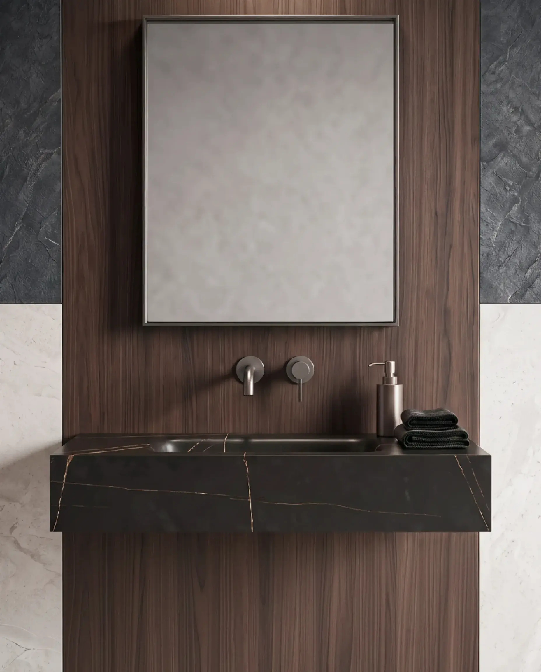 Plan vasque suspendu en céramique effet marbre noir mat aux veinages ocre Eden avec son meuble sous-vasque suspendu en bois Irene en 80cm .