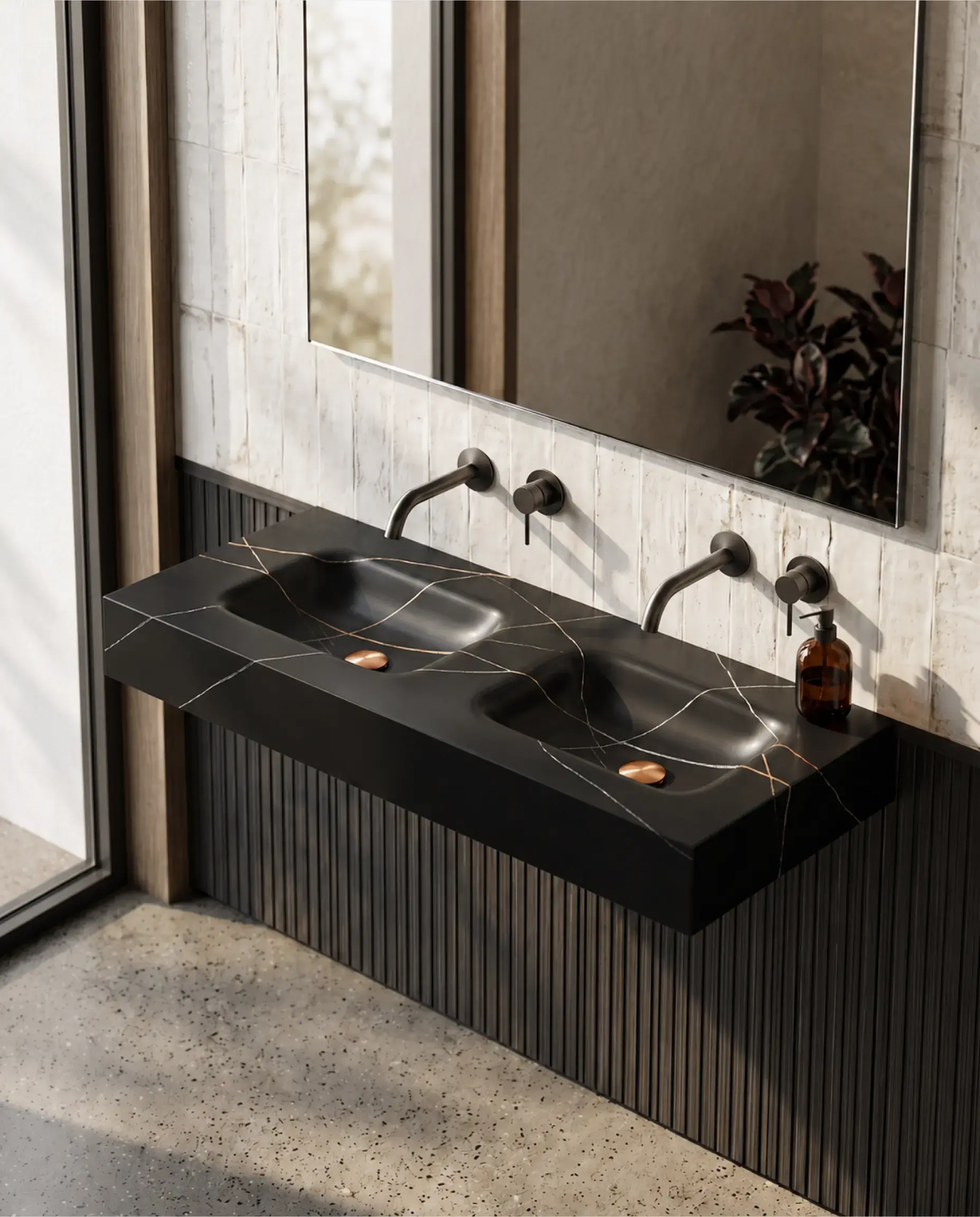 Plan vasque suspendu double vasque 120 cm effet Marbre Black mat, Eden