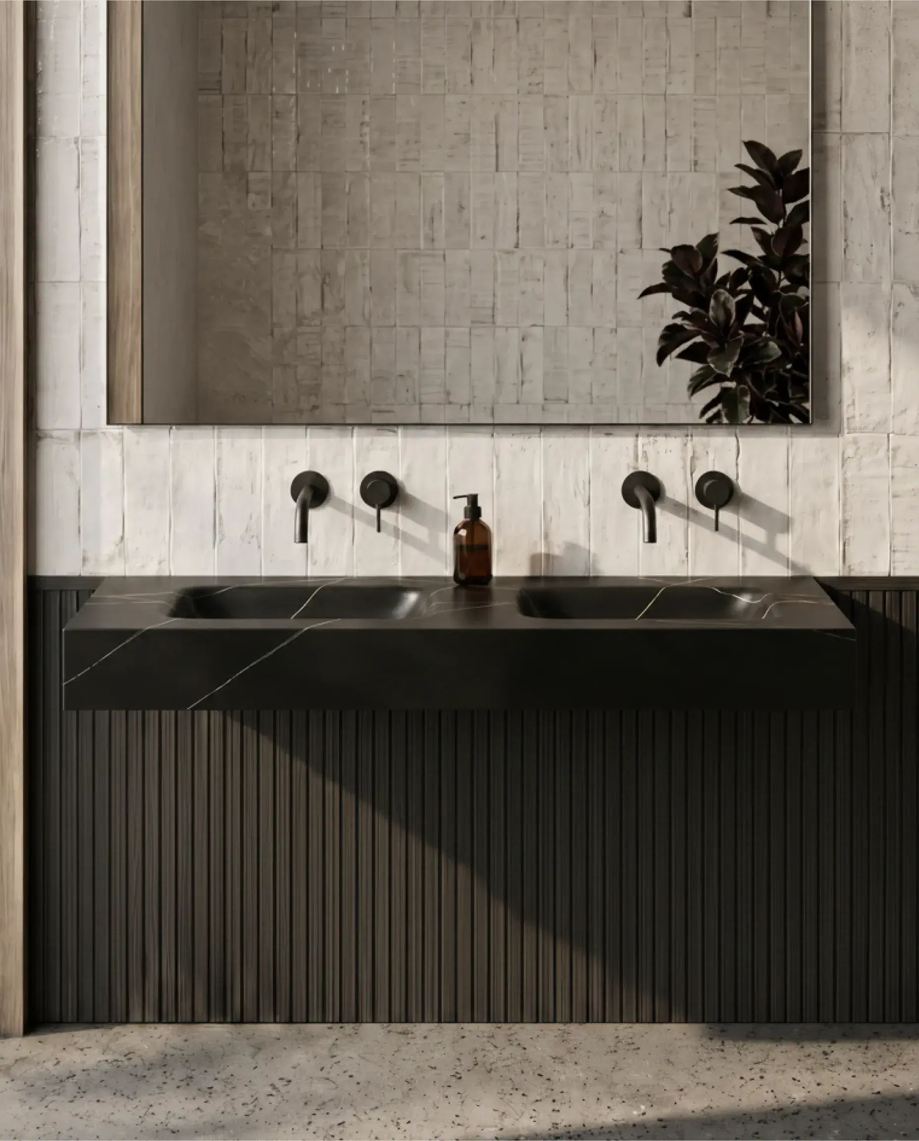 Plan double  vasque suspendu en céramique effet marbre noir mat aux veinages ocre Eden avec son meuble sous-vasque suspendu en bois Irene en 120cm .