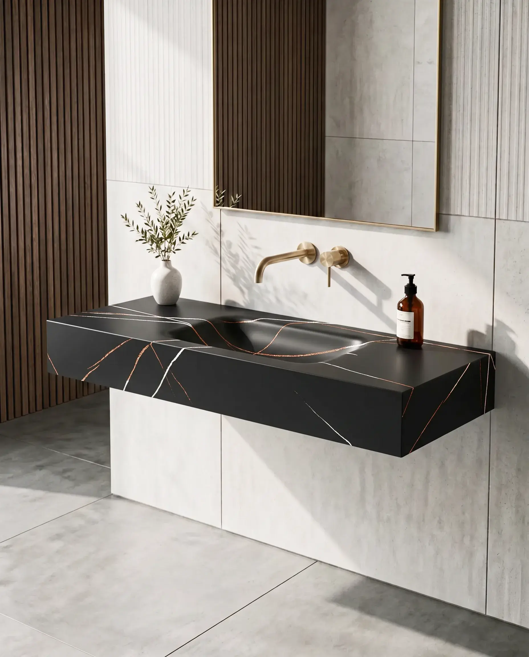 Plan vasque suspendu simple vasque 120 cm effet Marbre Black mat, Eden