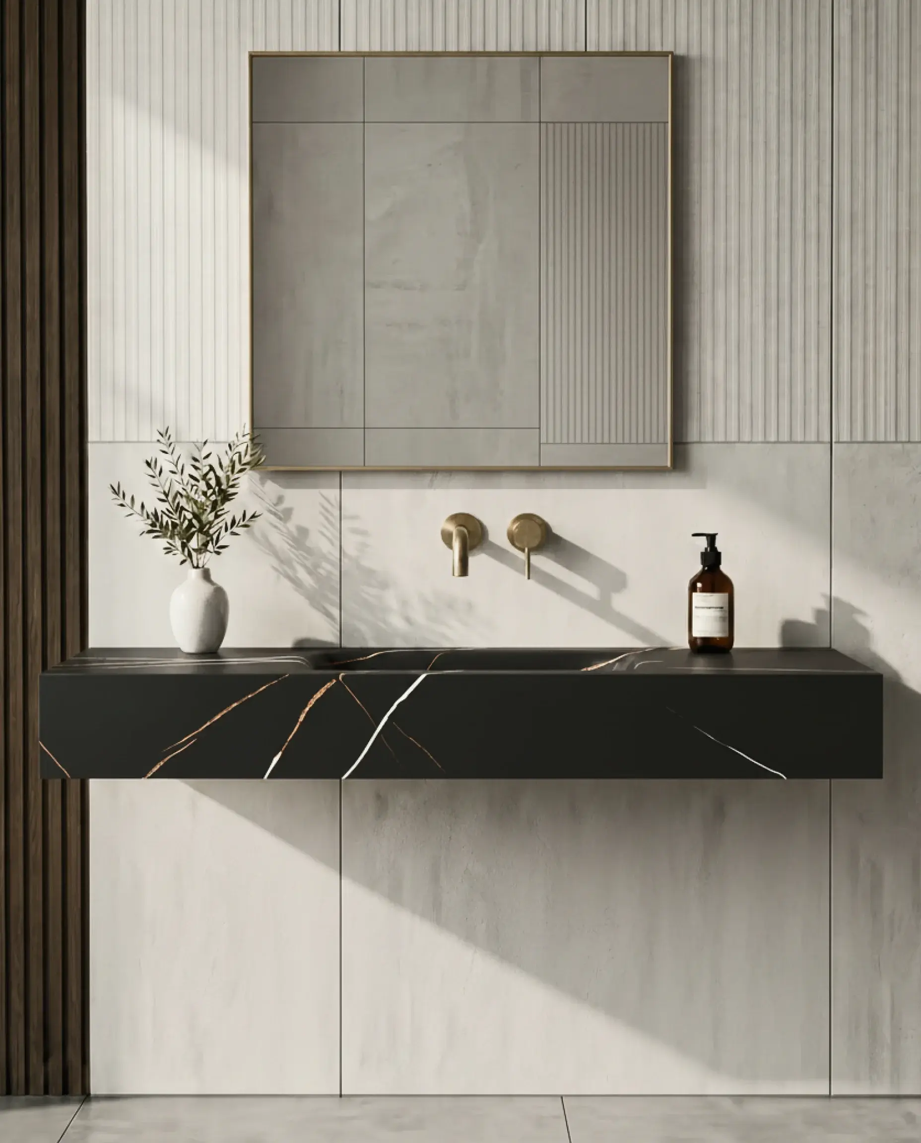 Plan simple vasque suspendu en céramique effet marbre noir mat aux veinages ocre Eden avec son meuble sous-vasque suspendu en bois Irene en 120cm .