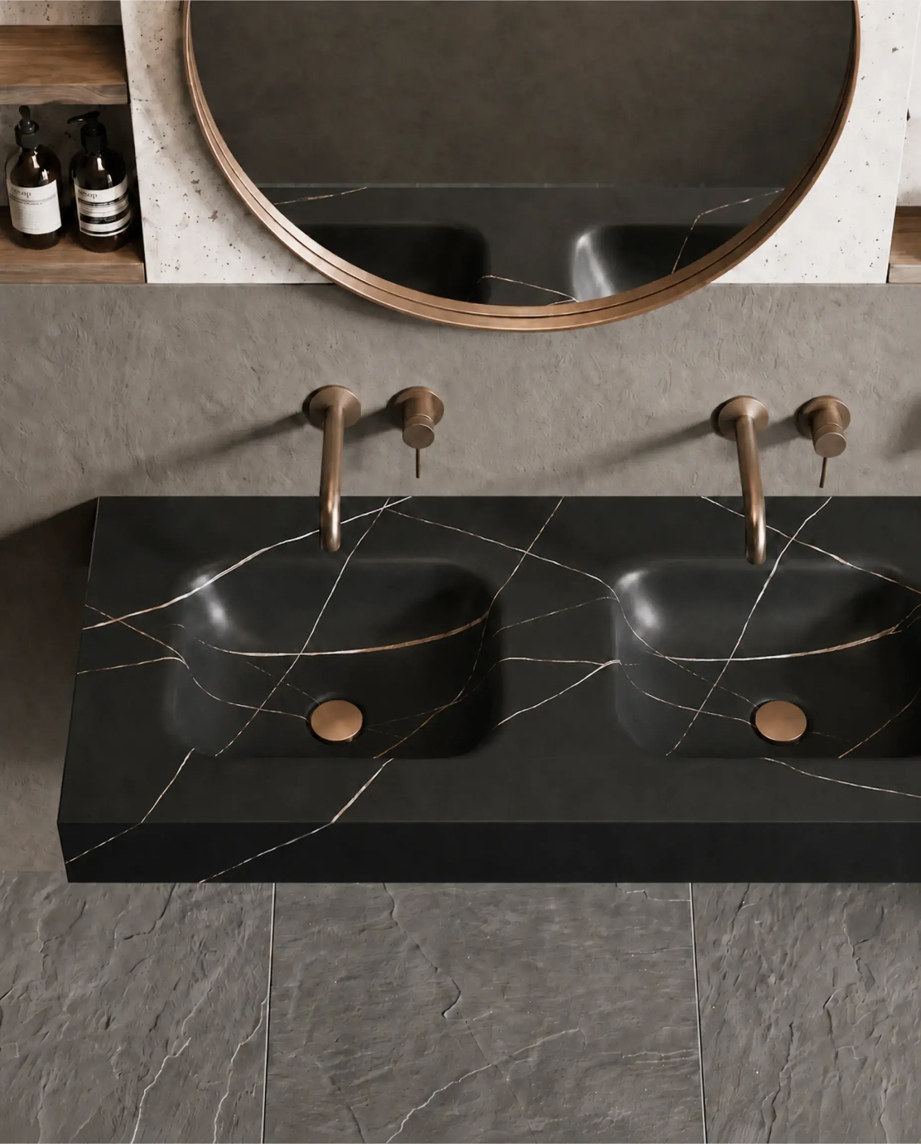 Plan vasque suspendu 140 cm effet Marbre Black mat, Eden