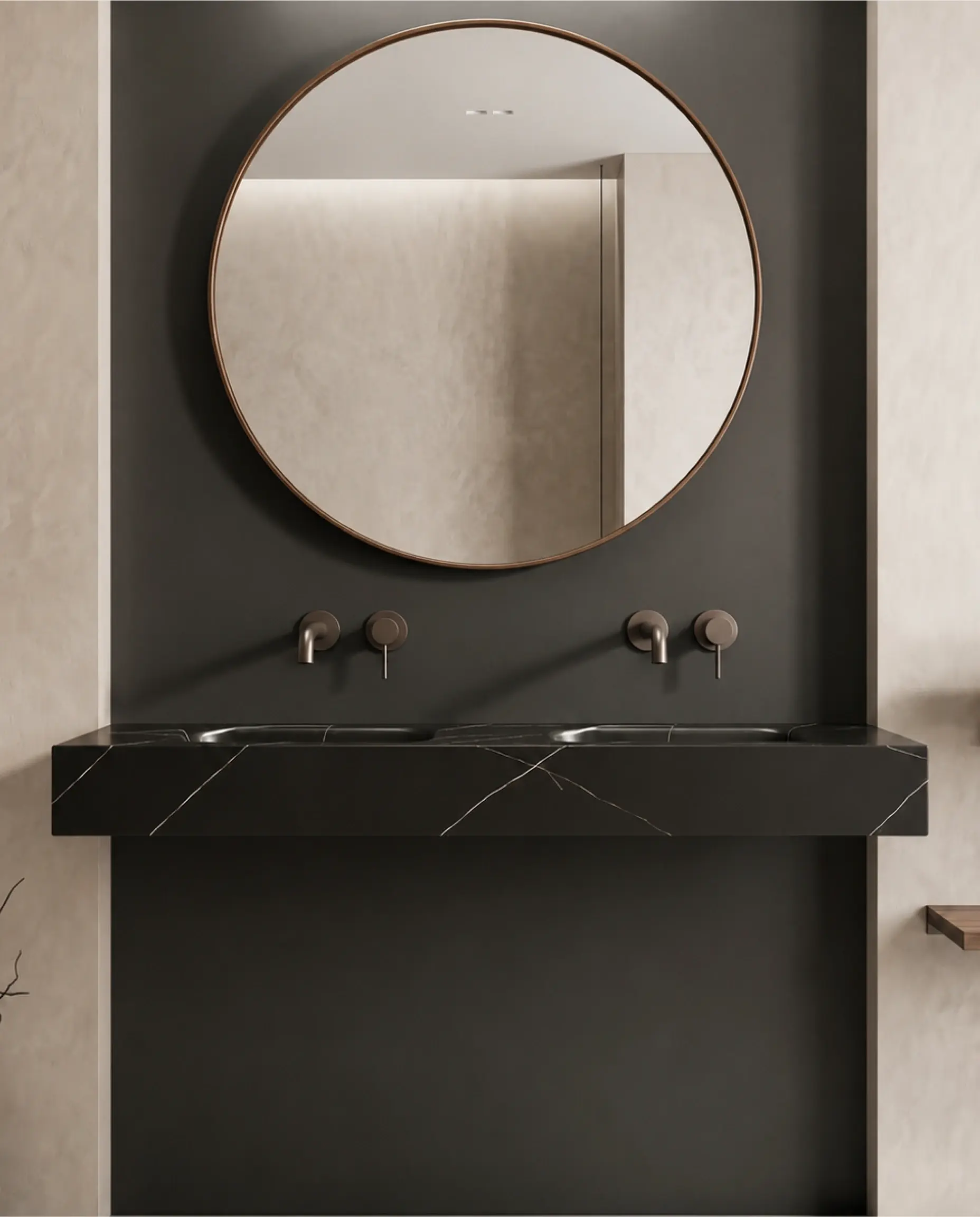 Plan double vasque suspendu en céramique effet marbre noir mat aux veinages ocre Eden avec son meuble sous-vasque suspendu en bois Irene en 160cm .