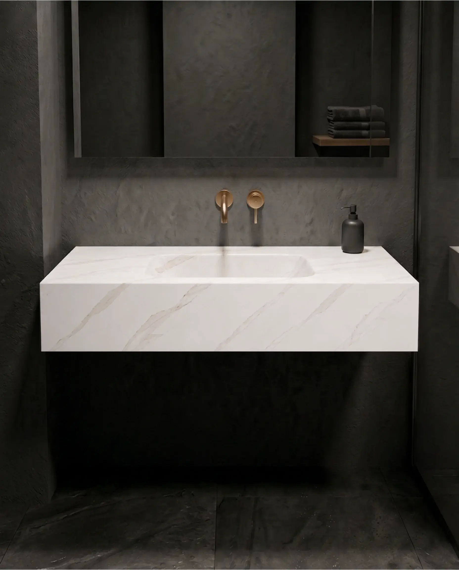 Plan vasque suspendu en céramique effet marbre blanc veiné Eden  100cm avec son meuble sous-vasque suspendu en chêne clair Irene et robinetterie noire minimaliste.
