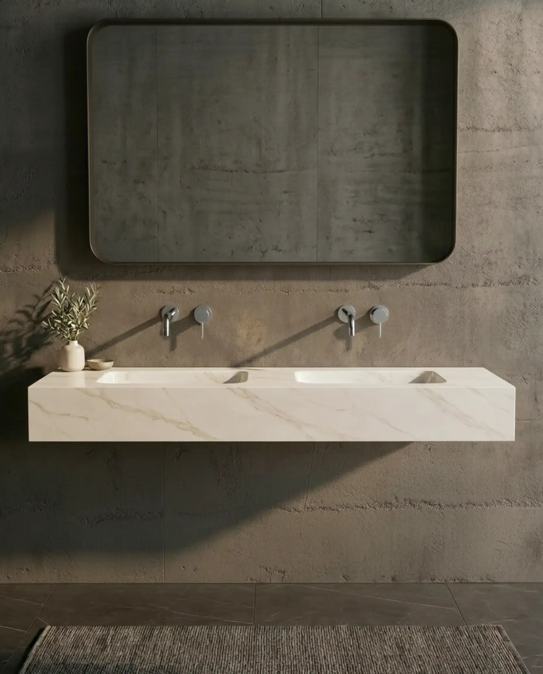 Plan double vasque suspendu 140 en céramique effet marbre blanc veiné Eden avec son meuble sous-vasque suspendu en chêne clair Irene et robinetterie noire minimaliste.