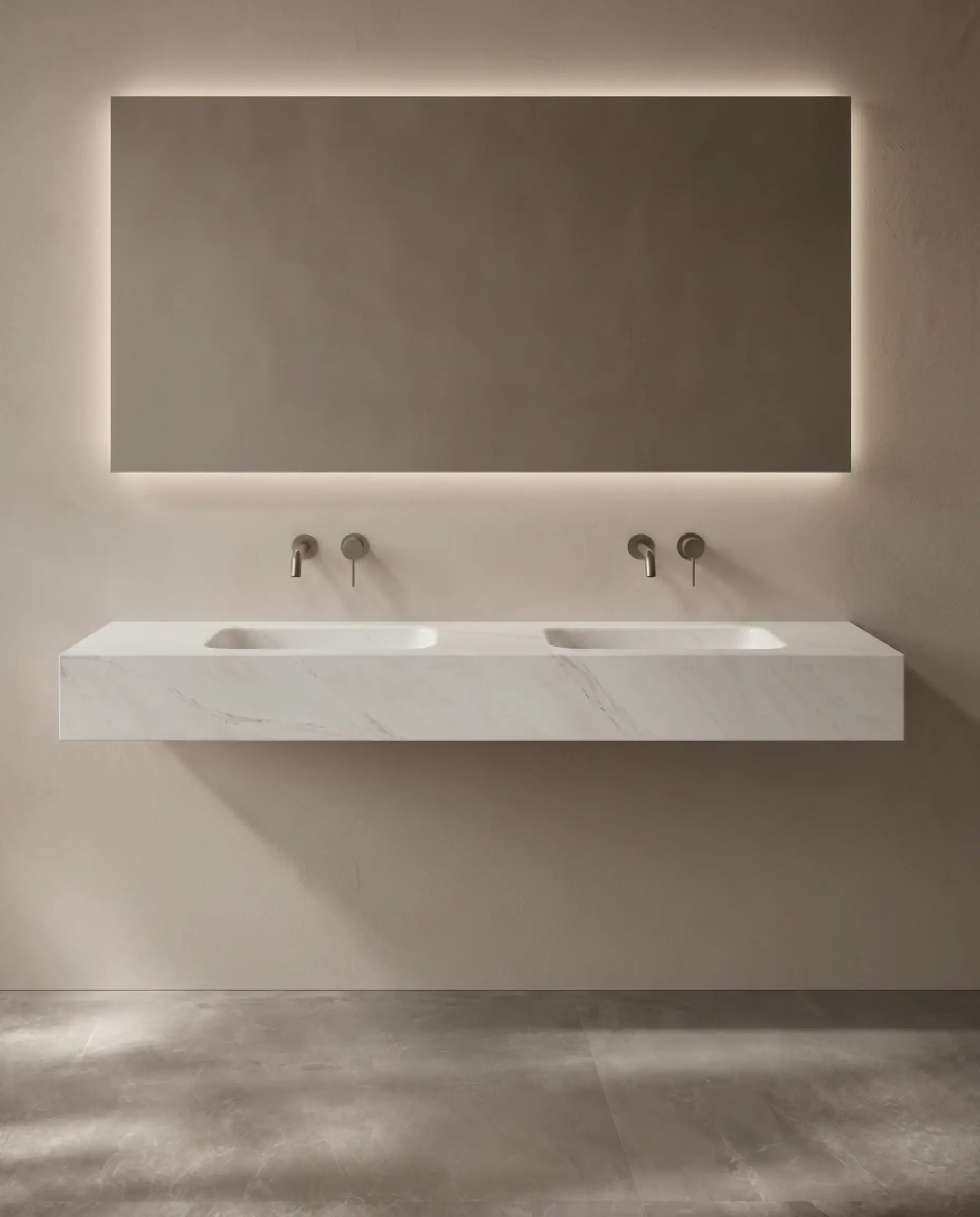 Plan double vasque suspendu 160cm en céramique effet marbre blanc veiné Eden avec son meuble sous-vasque suspendu en chêne clair Irene et robinetterie noire minimaliste.