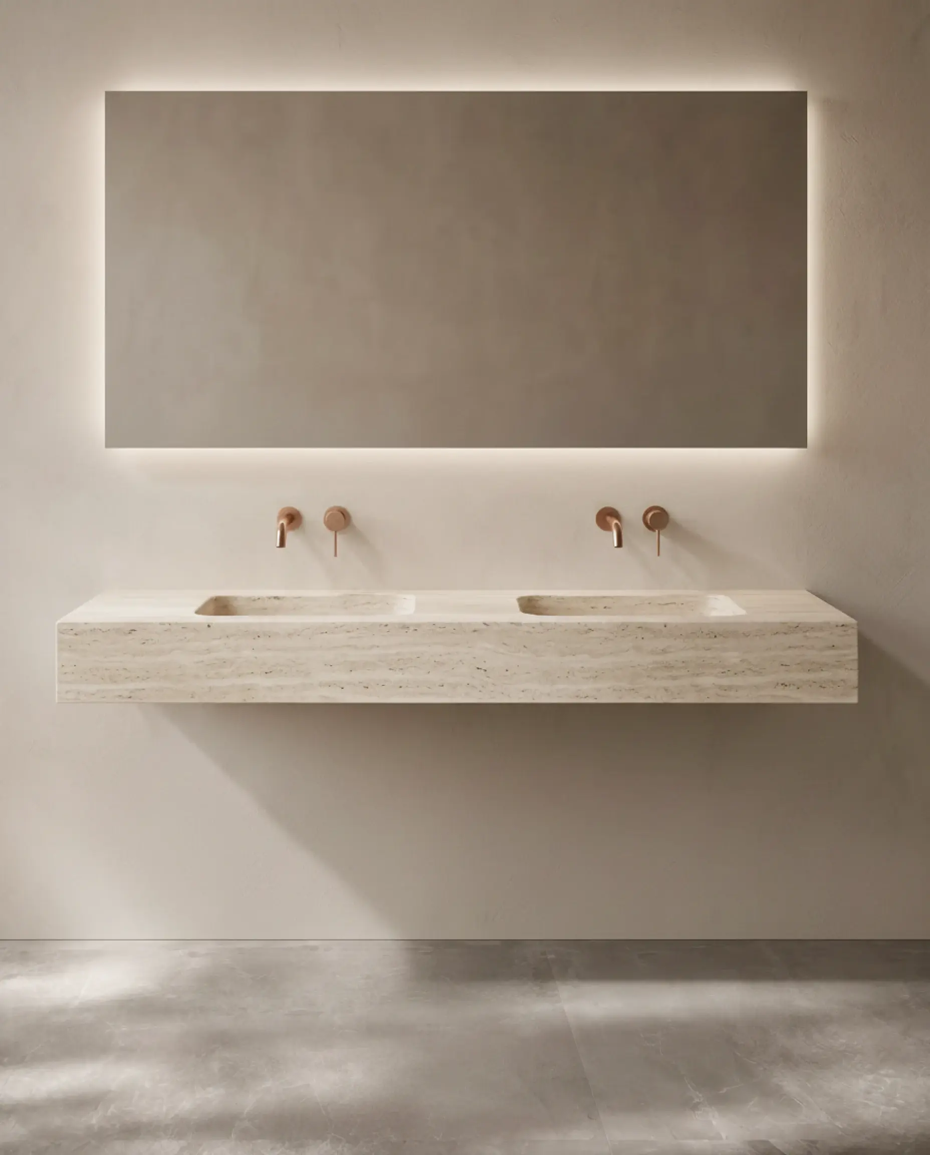 Plan double  vasque suspendu en céramique effet travertin 160 cm Eden avec son meuble sous-vasque suspendu en bois.