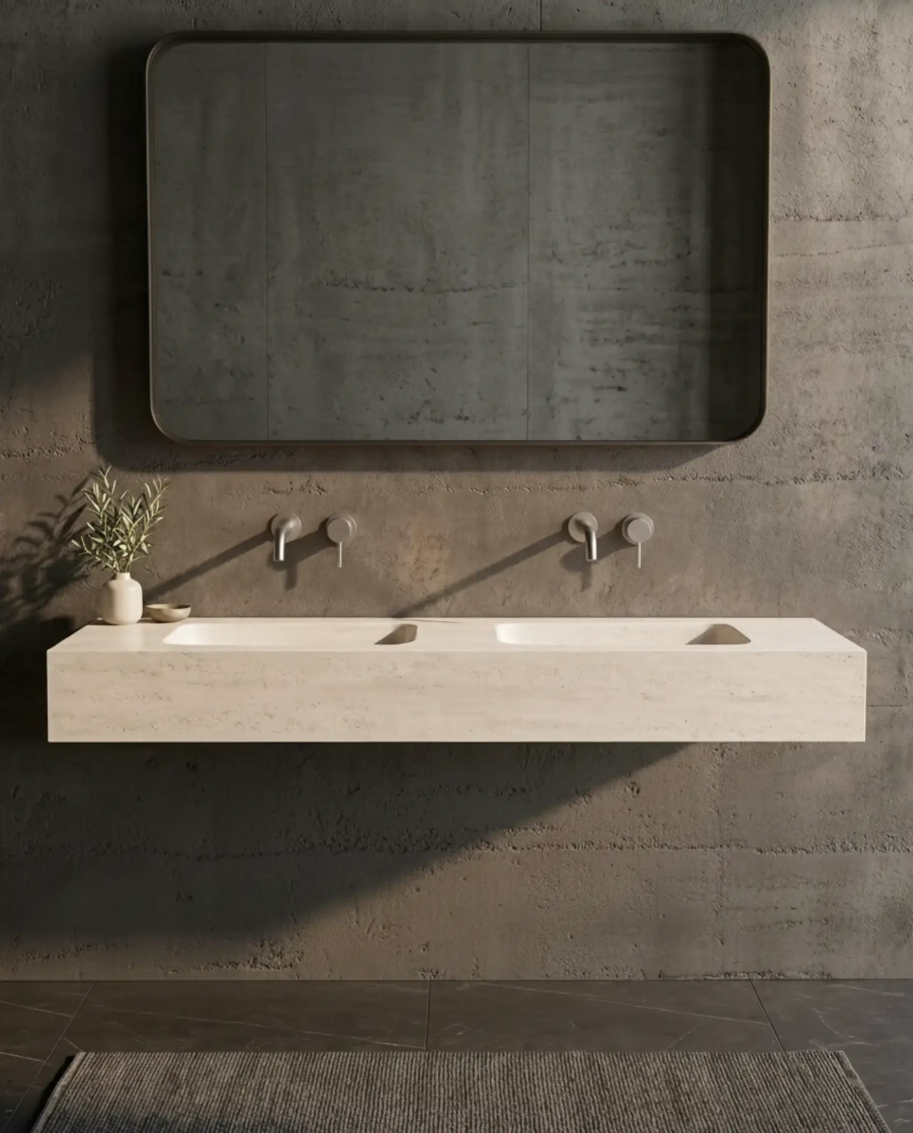 Plan double  vasque suspendu en céramique effet travertin 140 cm Eden avec son meuble sous-vasque suspendu en bois.