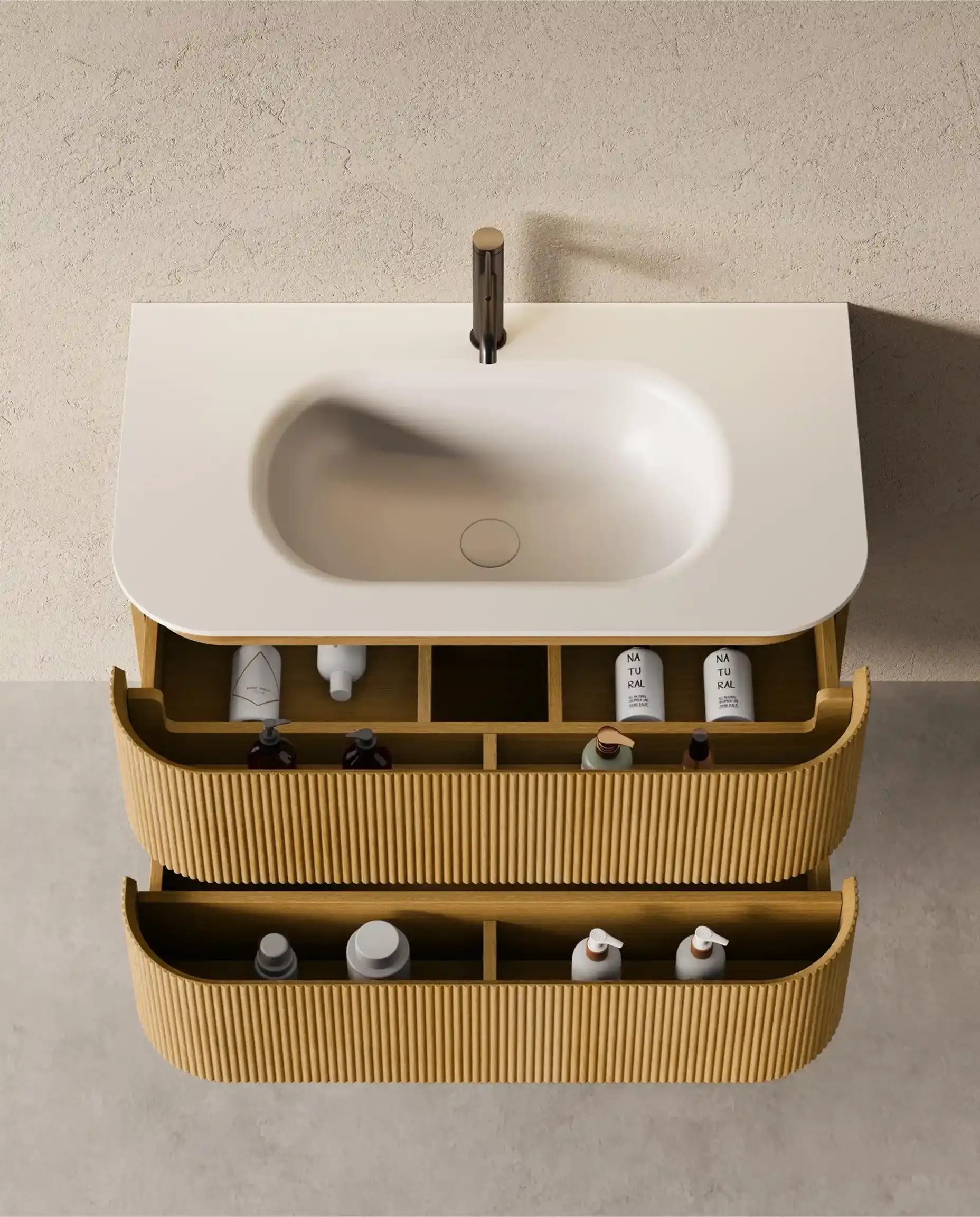 Meuble vasque 90x50, arrondi, résine minérale blanc mat, chêne naturel, Alix  