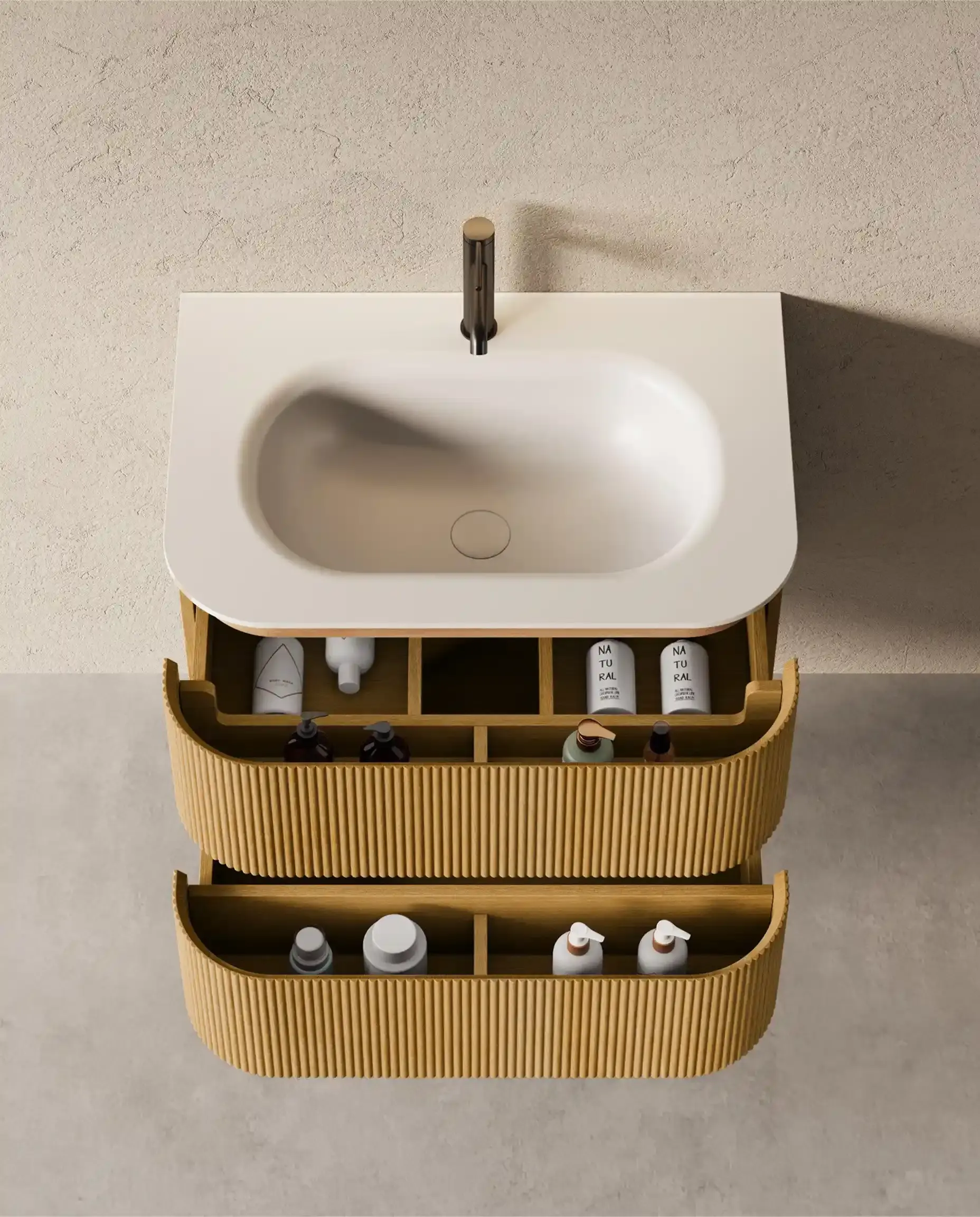 Meuble vasque 75x50, arrondi, résine minérale blanc mat, chêne naturel, Alix 
