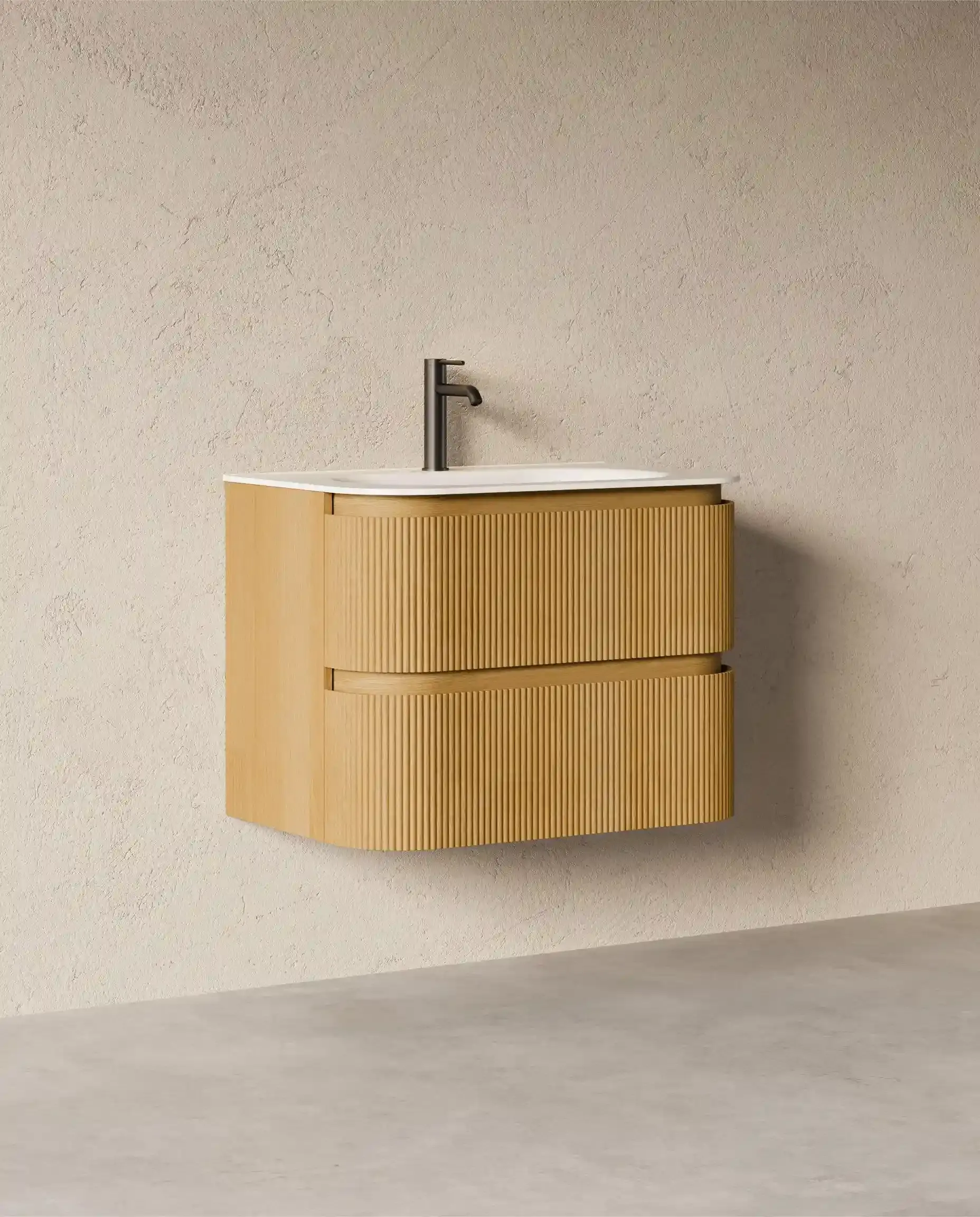 Meuble vasque 75x50, arrondi, résine minérale blanc mat, chêne naturel, Alix 