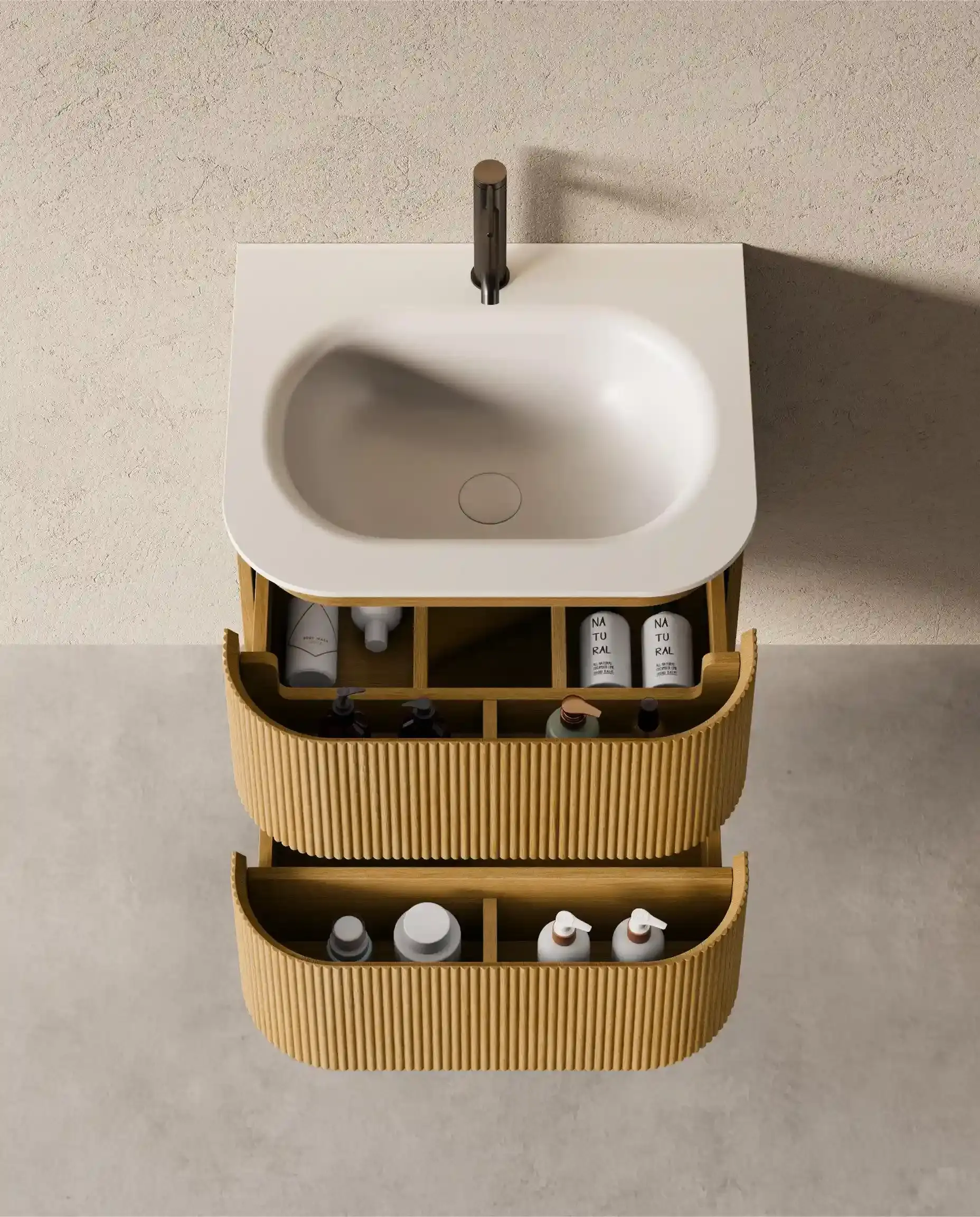Meuble vasque 60x50, arrondi, résine minérale blanc mat, chêne naturel, Alix