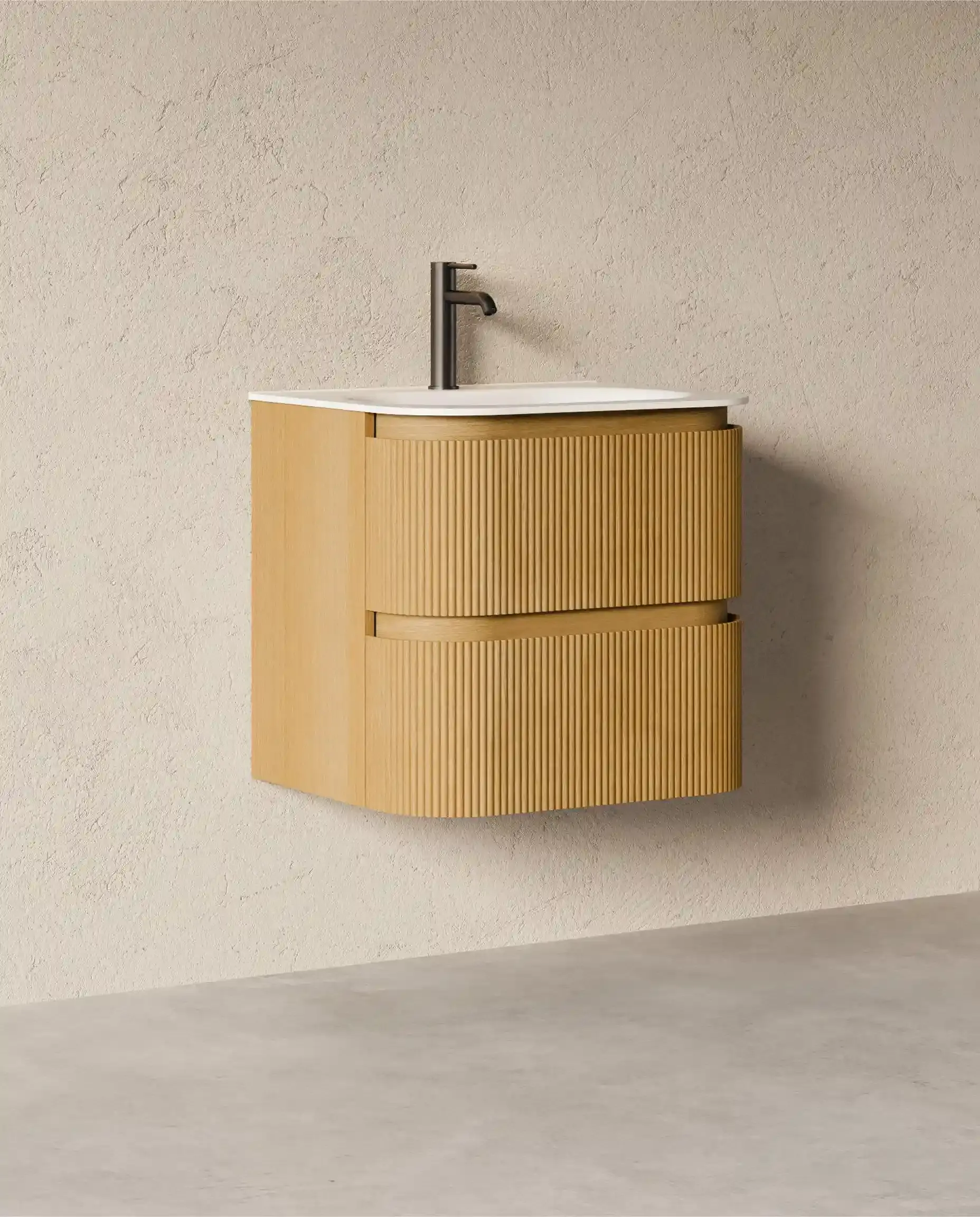 Meuble vasque 60x50, arrondi, résine minérale blanc mat, chêne naturel, Alix