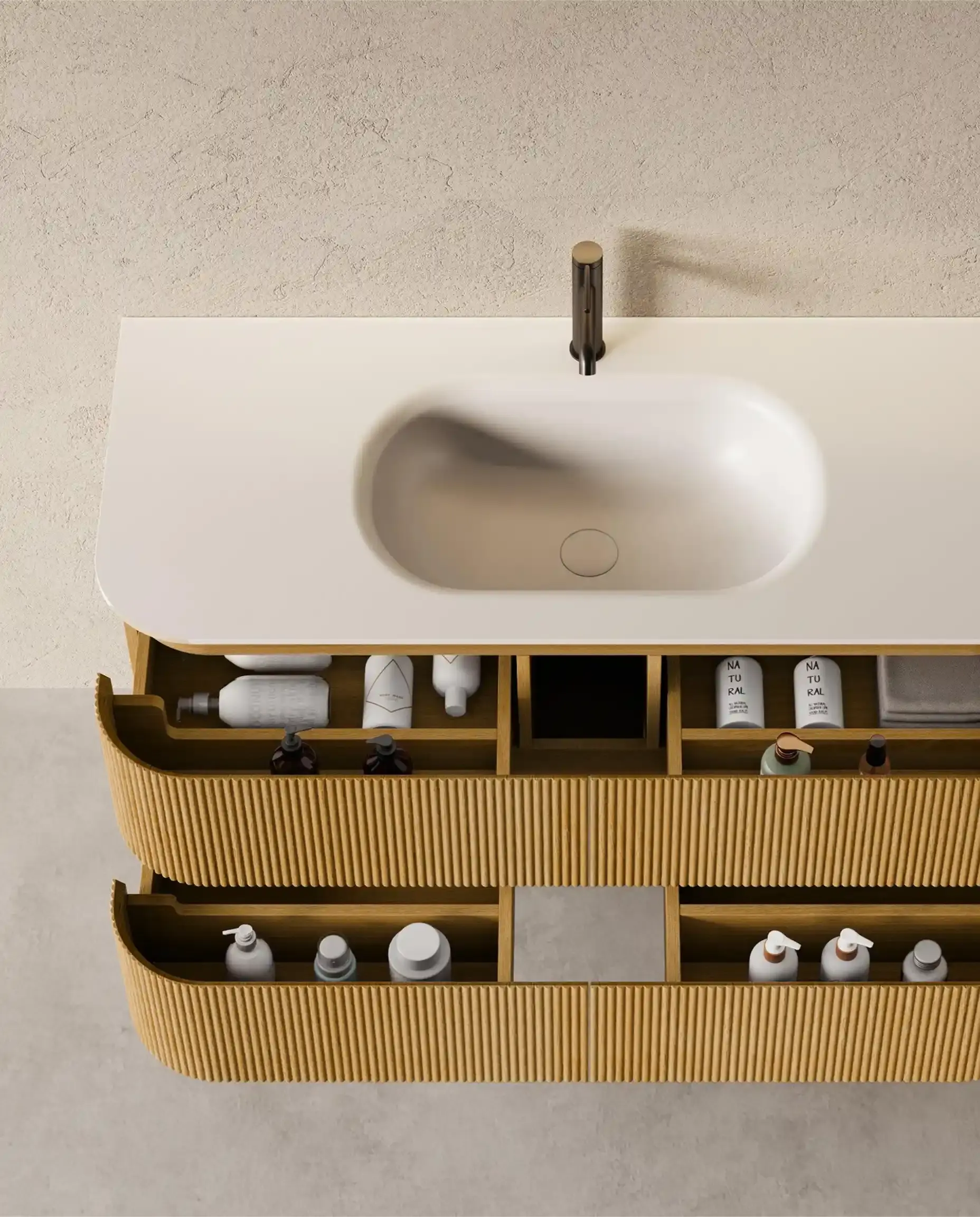 Meuble vasque 120x50, arrondi, résine minérale blanc mat, chêne naturel, Alix   