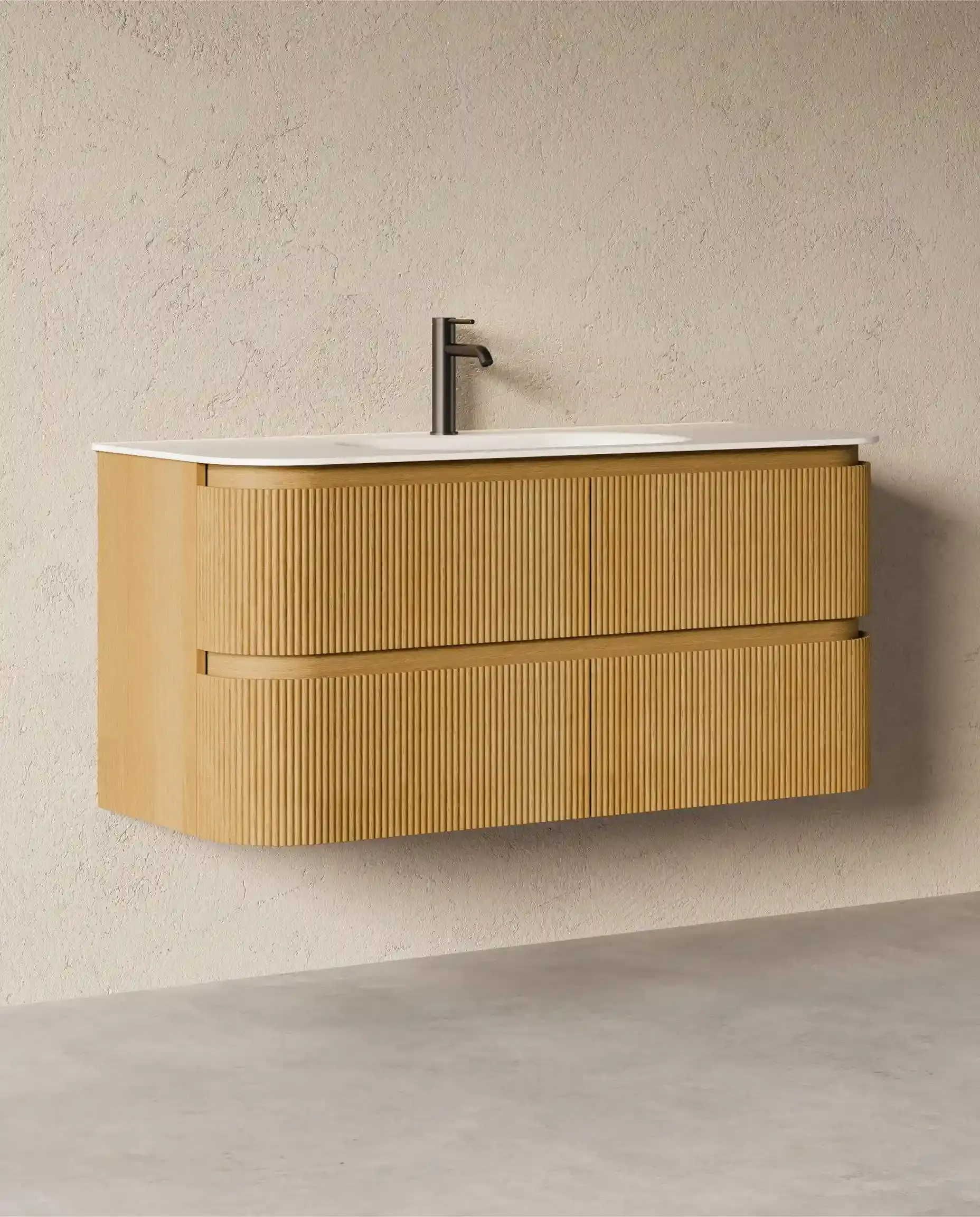 Meuble vasque 120x50, arrondi, résine minérale blanc mat, chêne naturel, Alix   