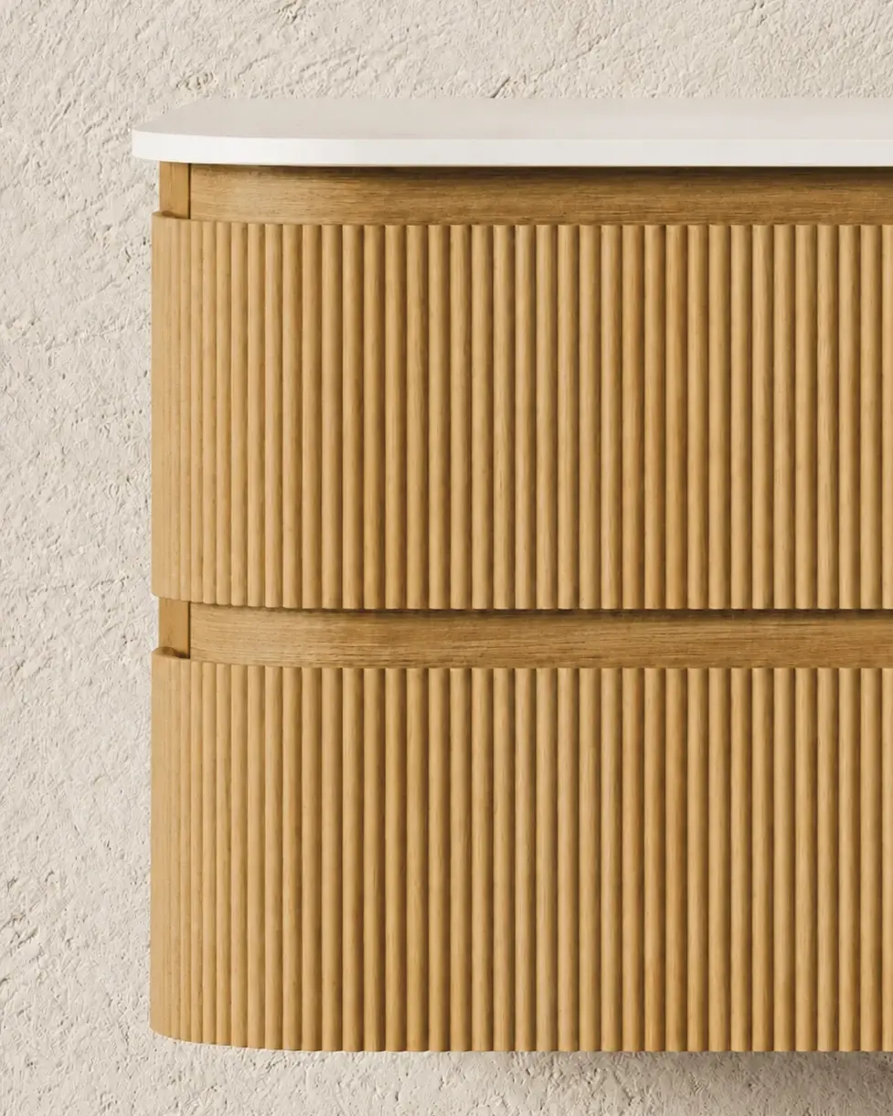 Meuble vasque 120x50, arrondi, résine minérale blanc mat, chêne naturel, Alix   