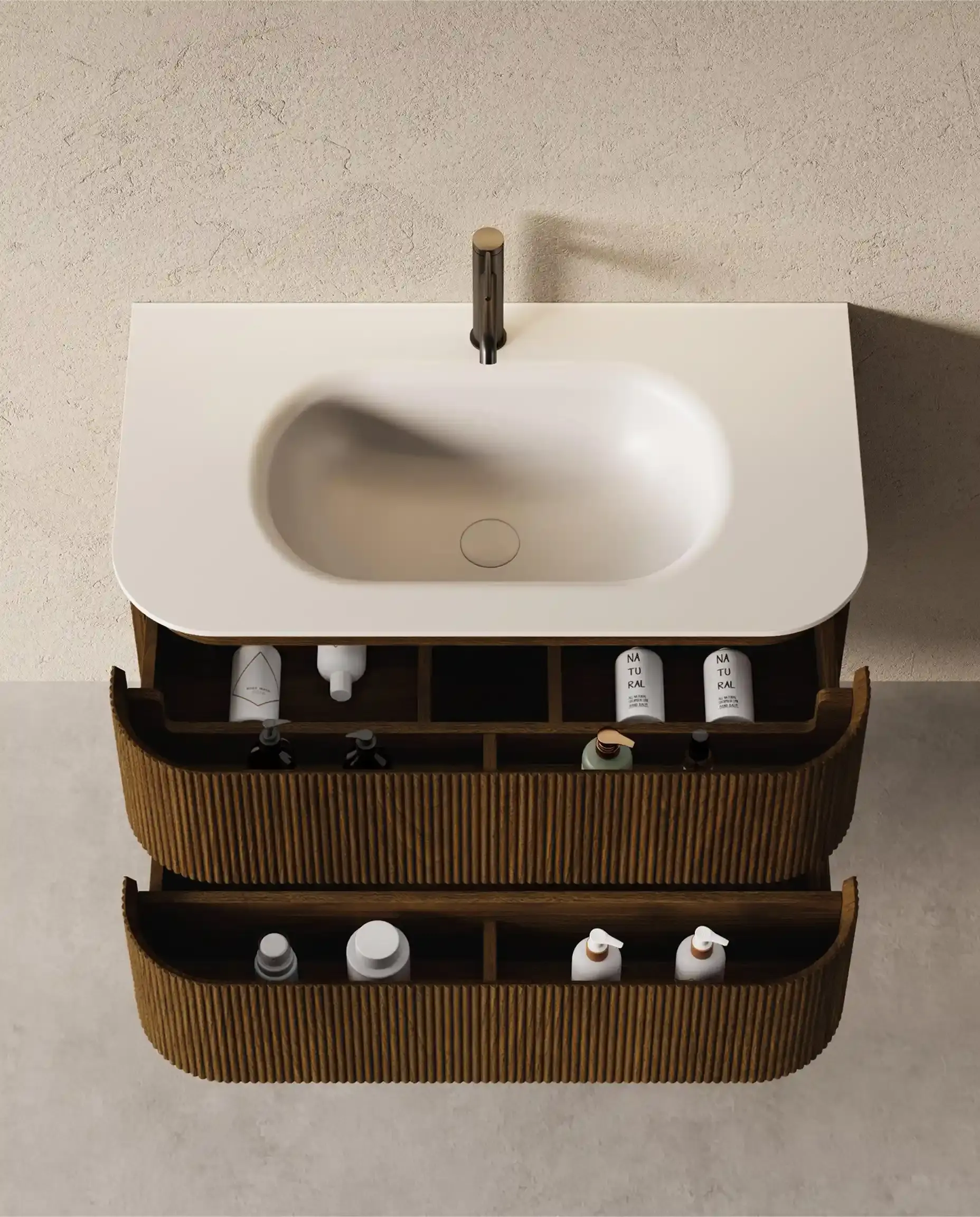 Meuble vasque 90x50cm, arrondi, résine minérale blanc mat, noyer foncé, Alix   