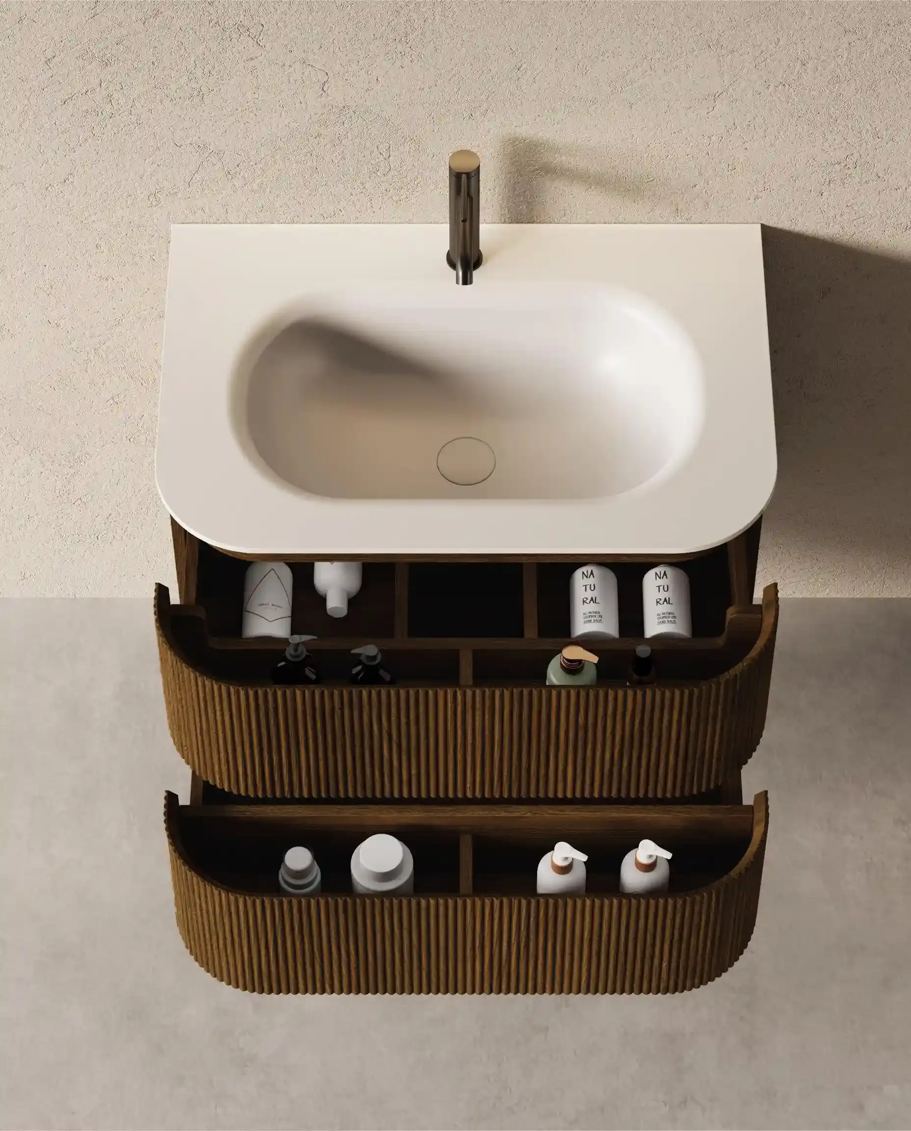 Meuble vasque 75x50cm, arrondi, résine minérale blanc mat, noyer, Alix  