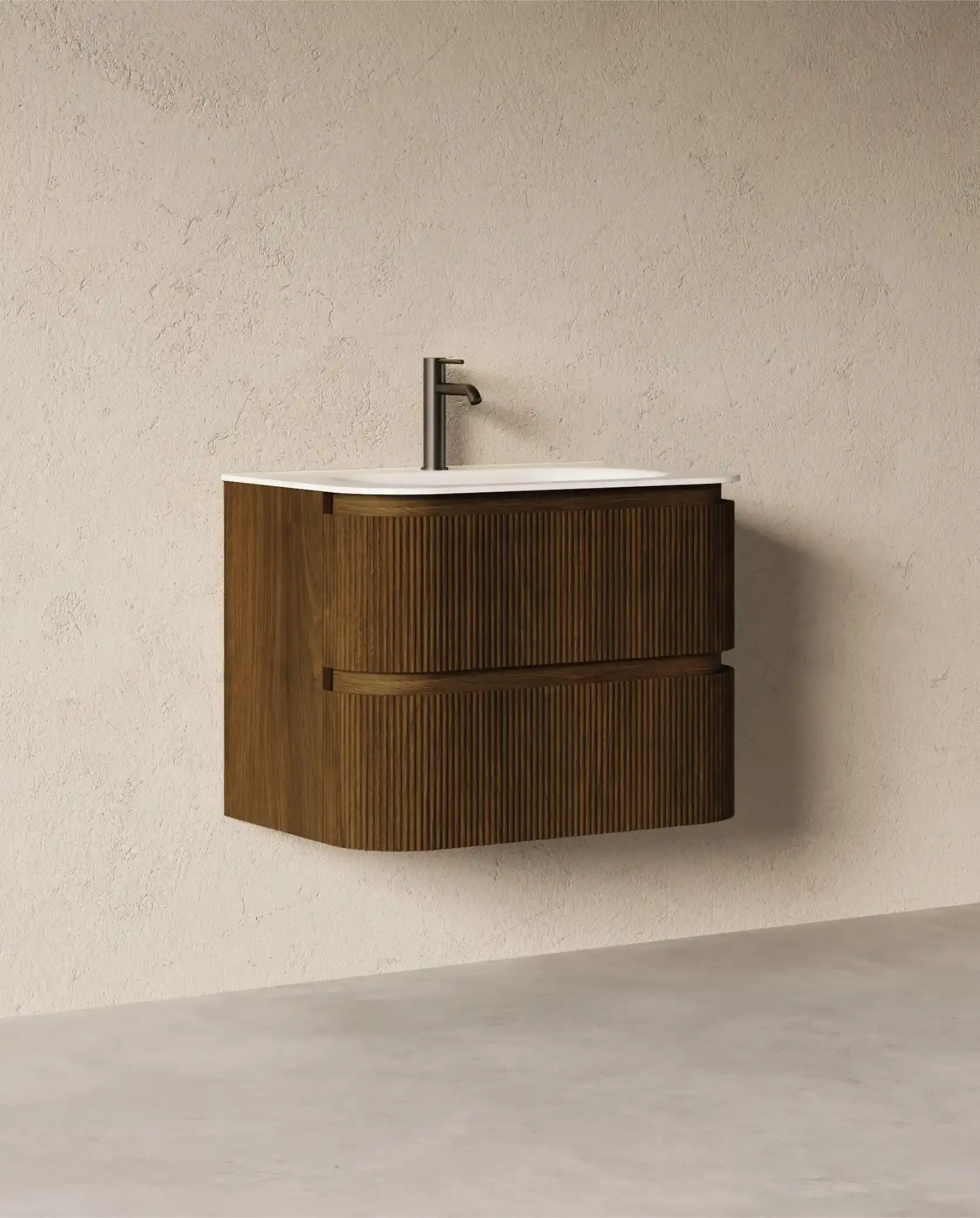 Meuble vasque 75x50cm, arrondi, résine minérale blanc mat, noyer, Alix  